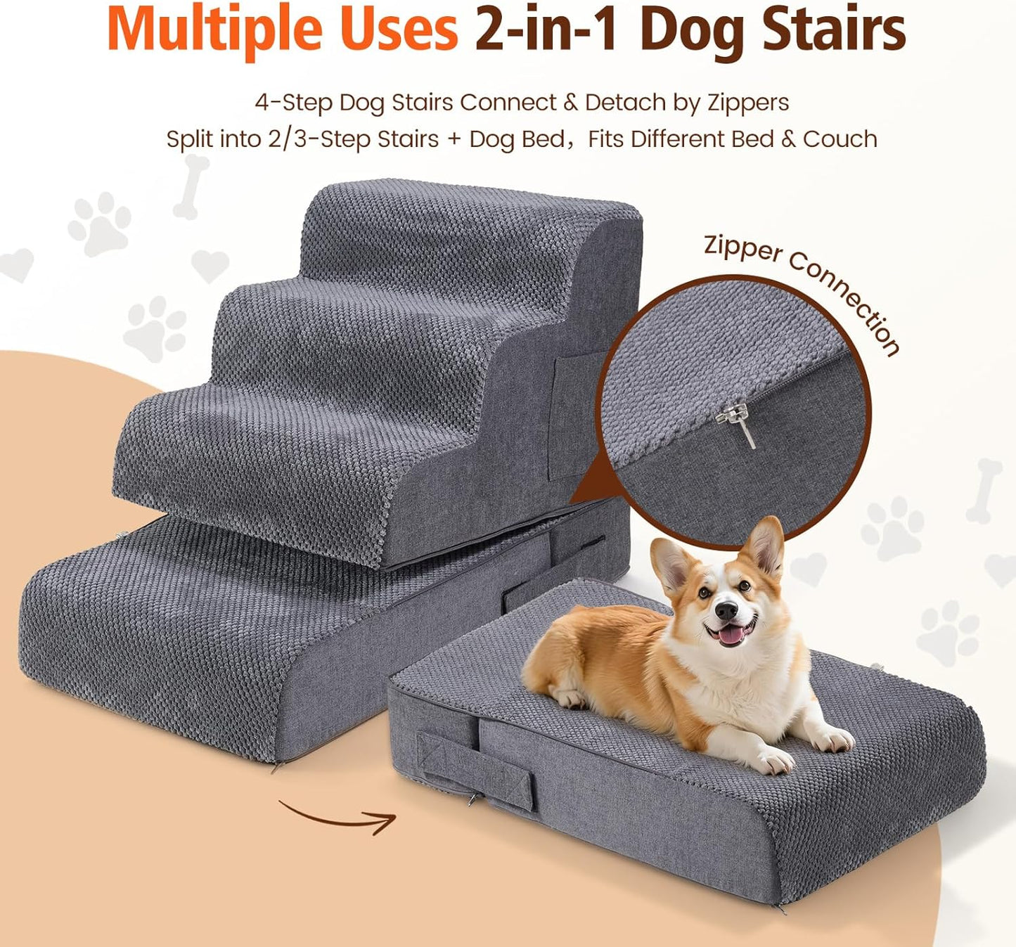 Dog Stairs for Small Dogs, 4-Step Dog Steps for Bed & Couch, High-Density Foam Pet Stairs, Non-Slip Indoor Pet Ramp, Washable Cover, Fits Beds up to 18.1", Grey