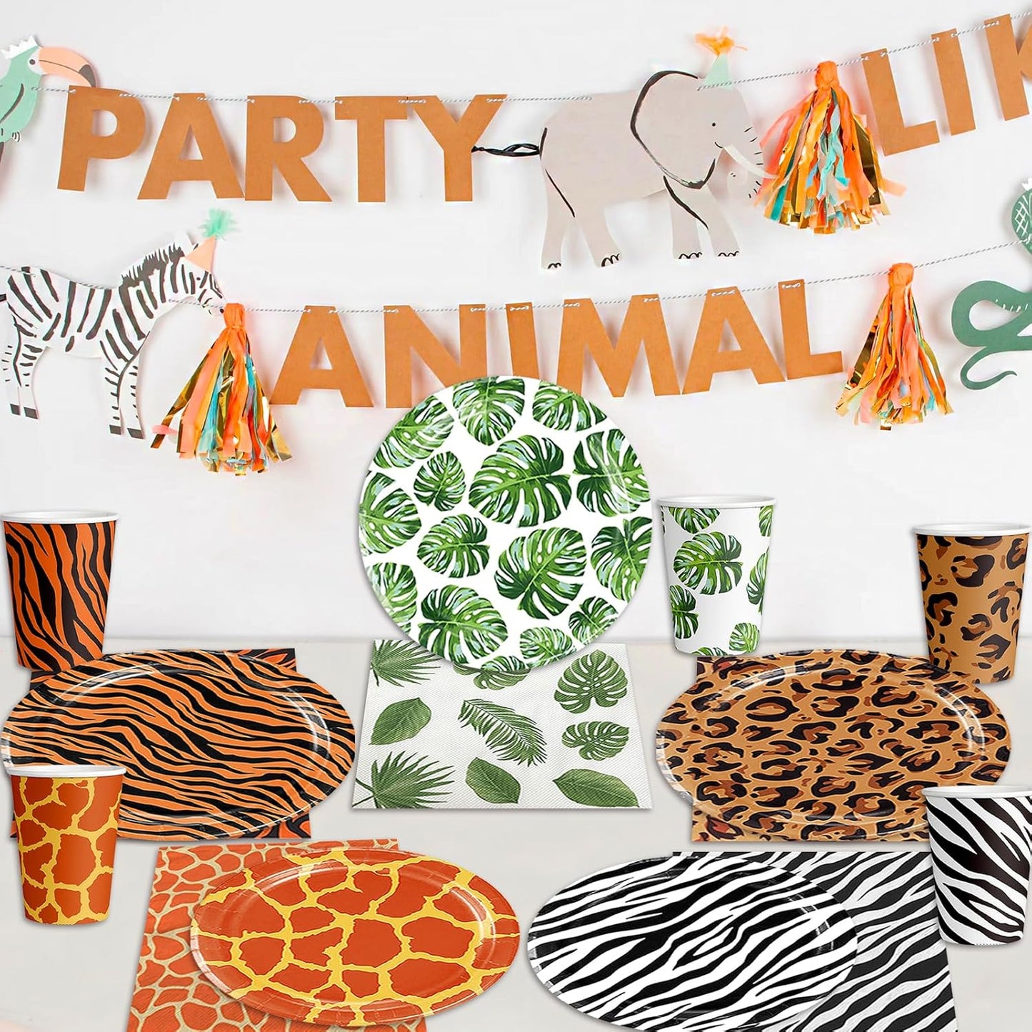 150 Pcs Jungle Safari Animal Party Supplies Disposable Jungle Safari Animal Print Paper Plates Cups and Napkins Wild Animals Jungle Table Decorations for Boys Girls