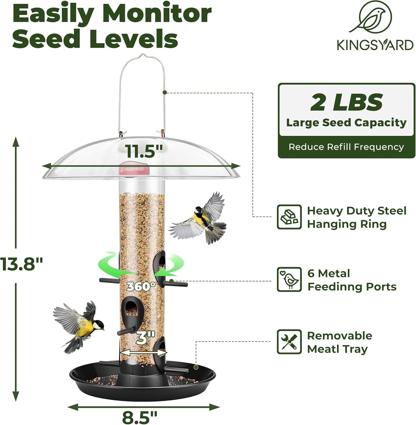 Kingsyard Metal Bird Feeders for Outdoors Hanging, Wild Bird Feeder with Large 11.5" Protective Dome and 8" Removable Tray, 3 lb Seeds Capacity (Black)
