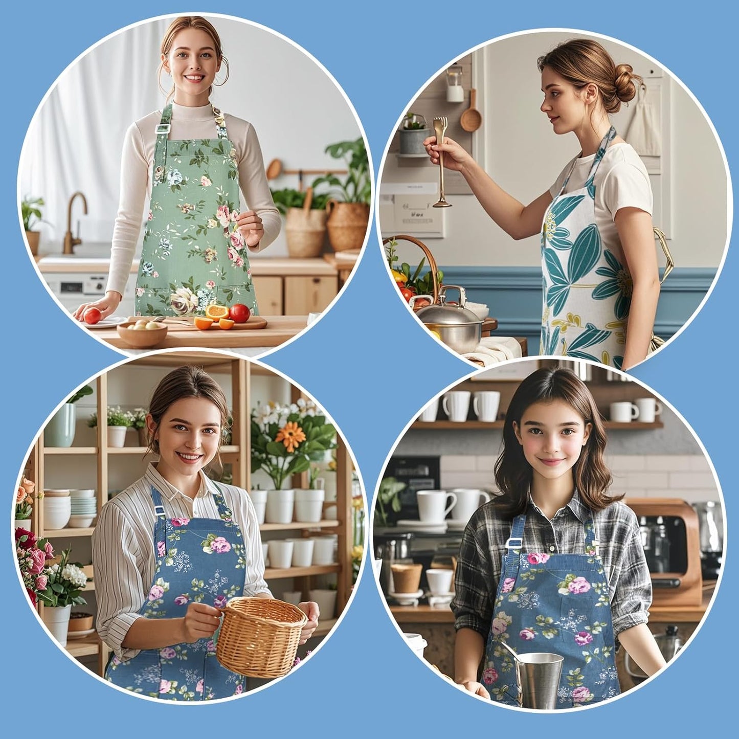 Apron for Women with Pockets, 3 Pcs Floral Print Canvas Apron with Adjustable Neck Strap for Cooking, Baking, Gardening, Crafts