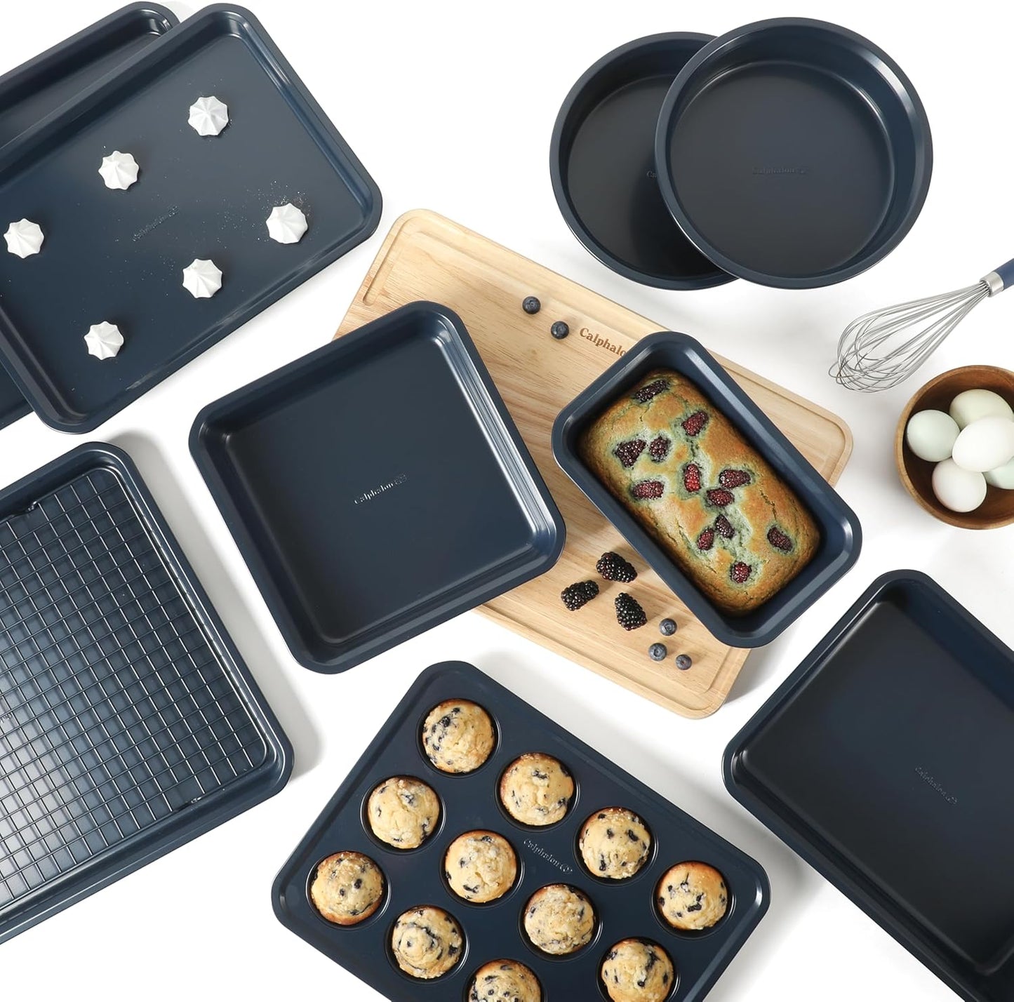 Calphalon Legacy 10-Piece Nonstick Bakeware Set, PFA-Free Nonstick Coating, Oven Safe, Includes Sheet Pans, Muffin Pan, Round Cake Pans, Loaf Pan and Cooling Rack, Navy Blue