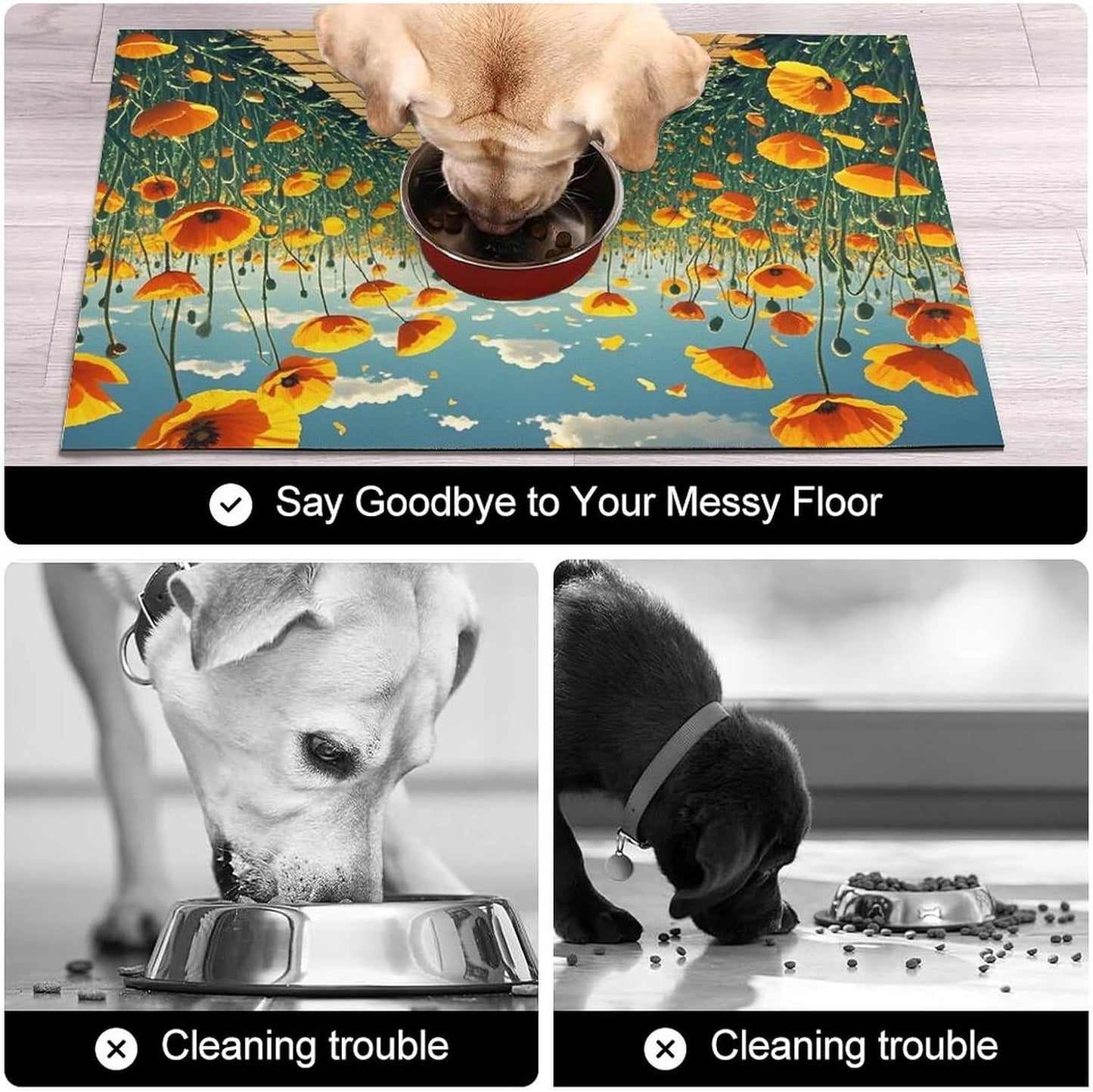 Dog Food Mat Pet Leather Tablecloth Poppies Field Yellow Brick Road Pet Feeding Mat Anti-Slip Dog Bowl Mats Absorbent Pet Placemats for Dogs Protect Floor Dogs Pad for Food and Water
