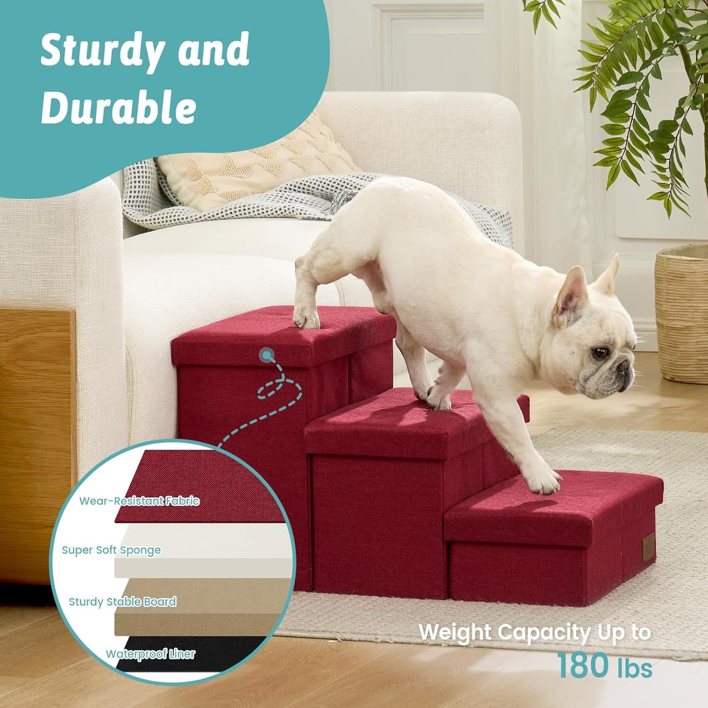 Dog Stairs with Storage, 3-Step Wider Sturdy Dog Steps for Small/Medium/Large Dogs and Older Cats, Folding Doggie Ramp for Bed/Couch/Car Hold Up to 180 lbs (16.7" H, Burgundy)