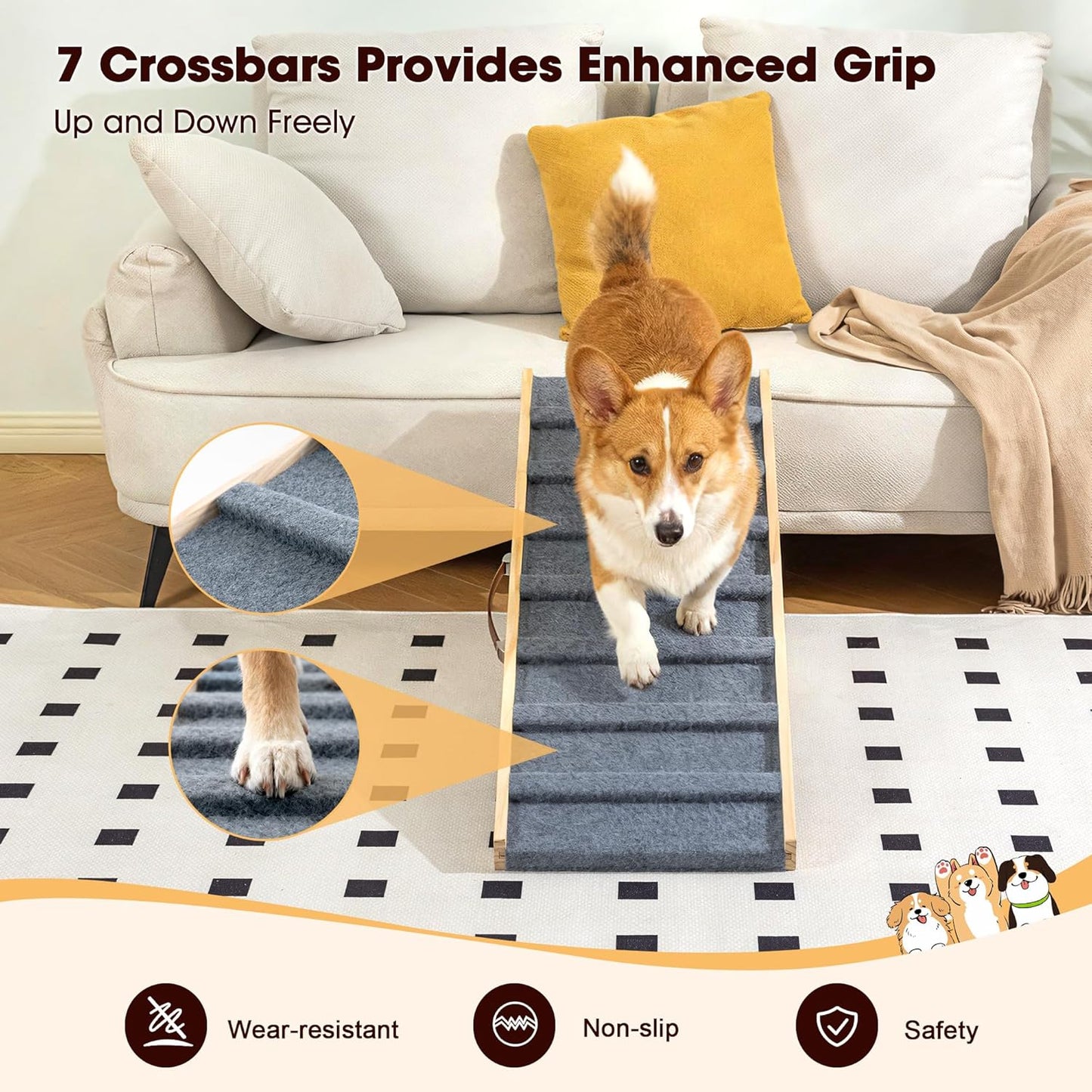 Dog Ramp for Bed, 35.4" Long Wooden Pet Ramp for Small & Large Dogs, 4 Adjustable Heights 11.8" to 22" with Anti-Slip Carpet & Carrying Handle Holds, Portable Dog ramps for Car, Bed, Couch, Outdoor