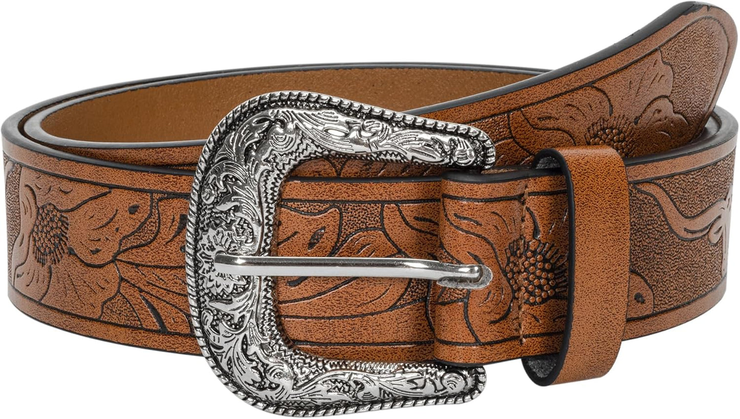 INOGIH Adjustable-Vintage-Western-Cowboy-Belt Women Men - Cowboy-Style Engraved-Buckle Belt for Jeans Pants Dresses
