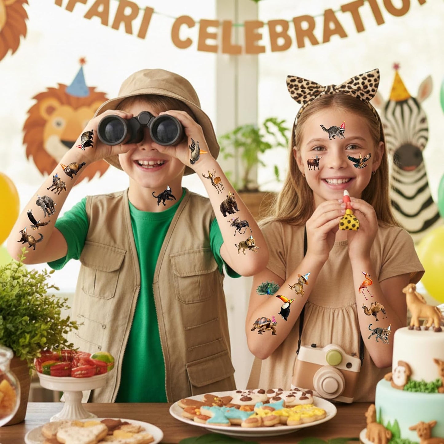 Jungle Animal Temporary Tattoos | Wildlife Animal Themed Birthday Party Decorations Zoo Party Favors Supplies Accessories Stickers Decor Gift Idea For Kids Adult Teen Boy Girl