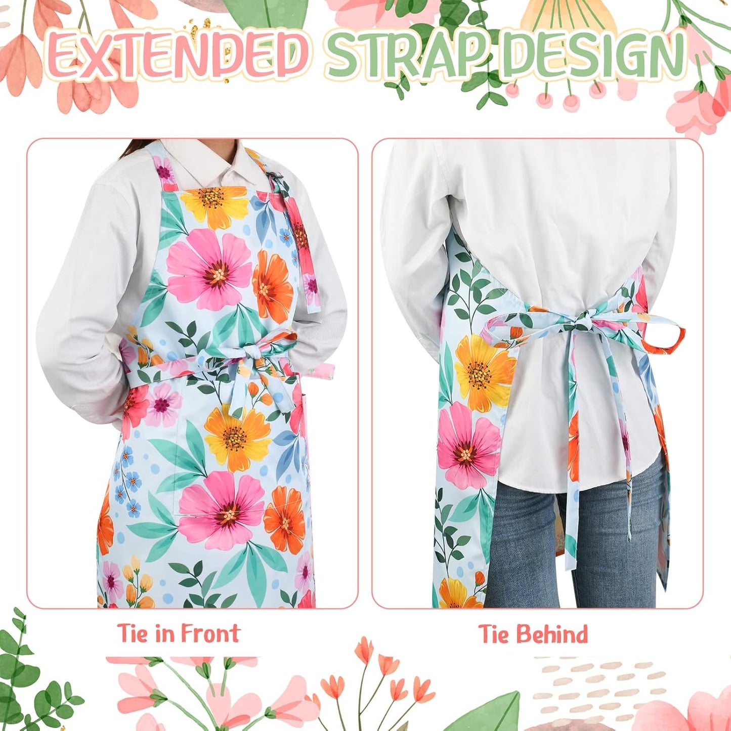 2 Pack Floral Apron for Women with Pockets, Adjustable Kitchen Chef Apron for Cooking, Baking, Gardening, Crafting