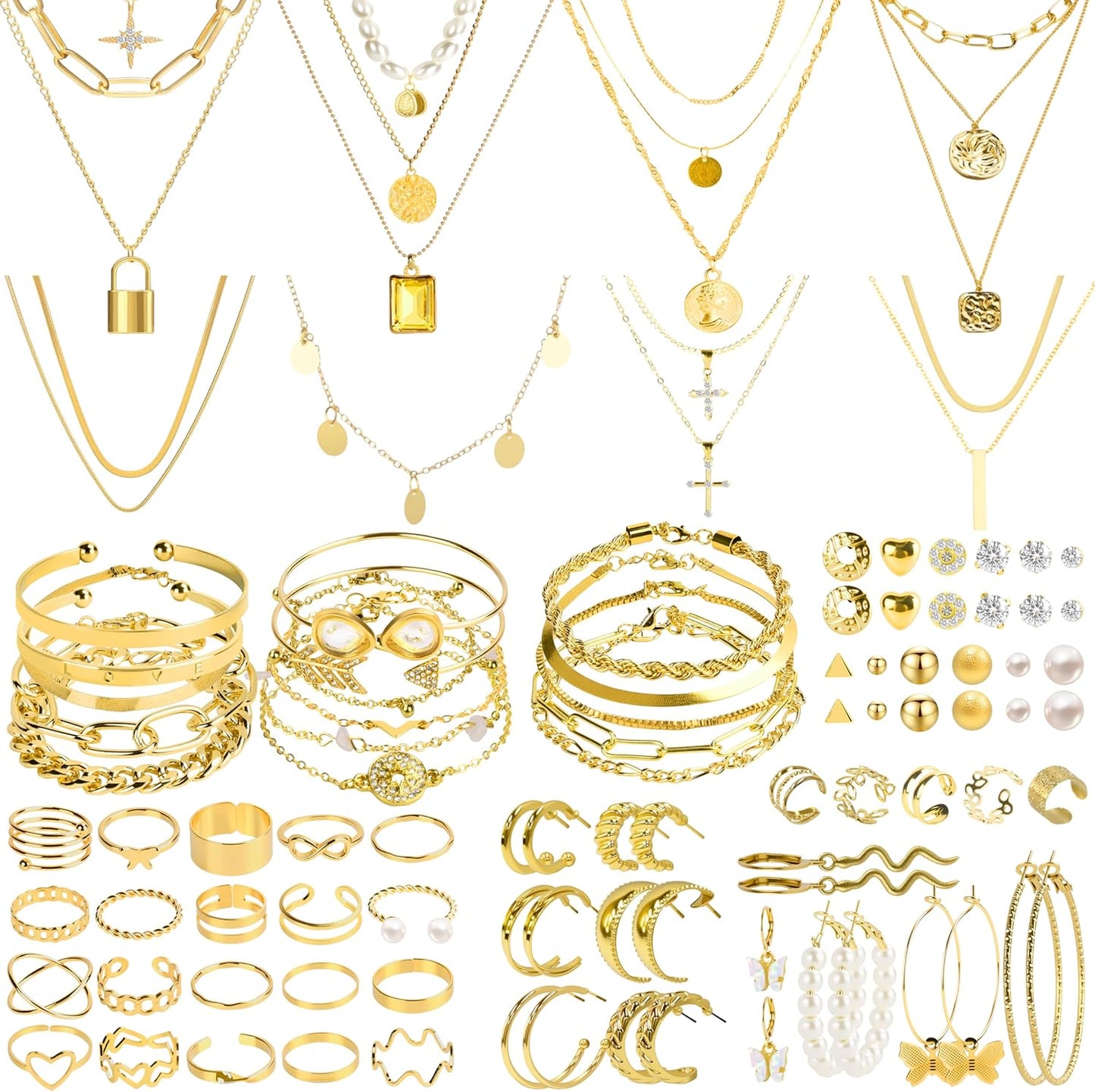 86 Pcs Gold Jewelry Set for Women, Alloy Plated Fashion Set with 17 Necklace, 15 Bracelets, 16 Stud Earrings, 11 Hoop Earrings, 22 Rings, 5 Ear Cuff for Friendship Party Birthday Gifts