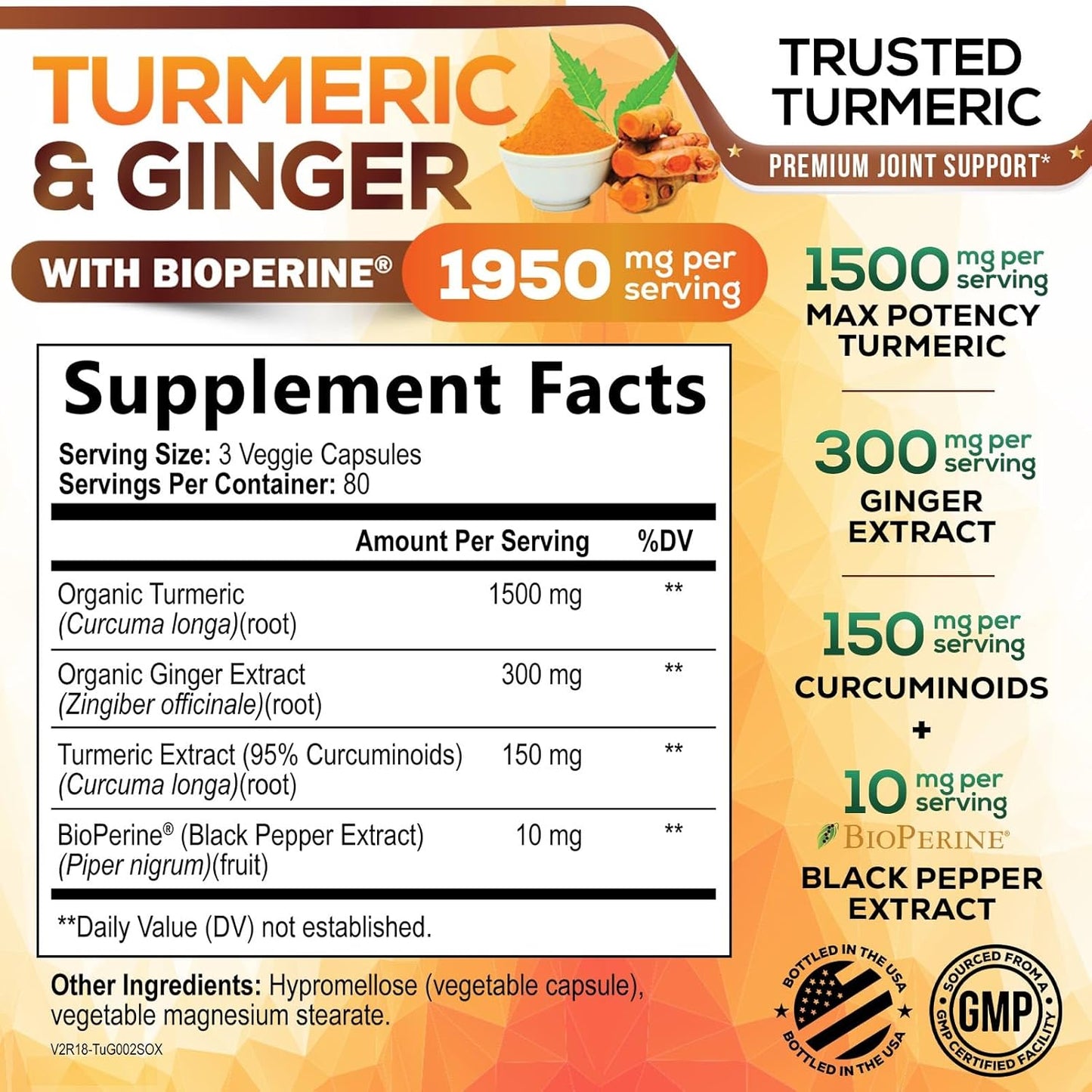 Turmeric Curcumin Supplement - 95% Curcuminoids with Organic Turmeric & Ginger, BioPerine Black Pepper Extract for Best Absorption, Natural Vegan Joint Support, Non-GMO, Bottled in USA - 240 Capsules