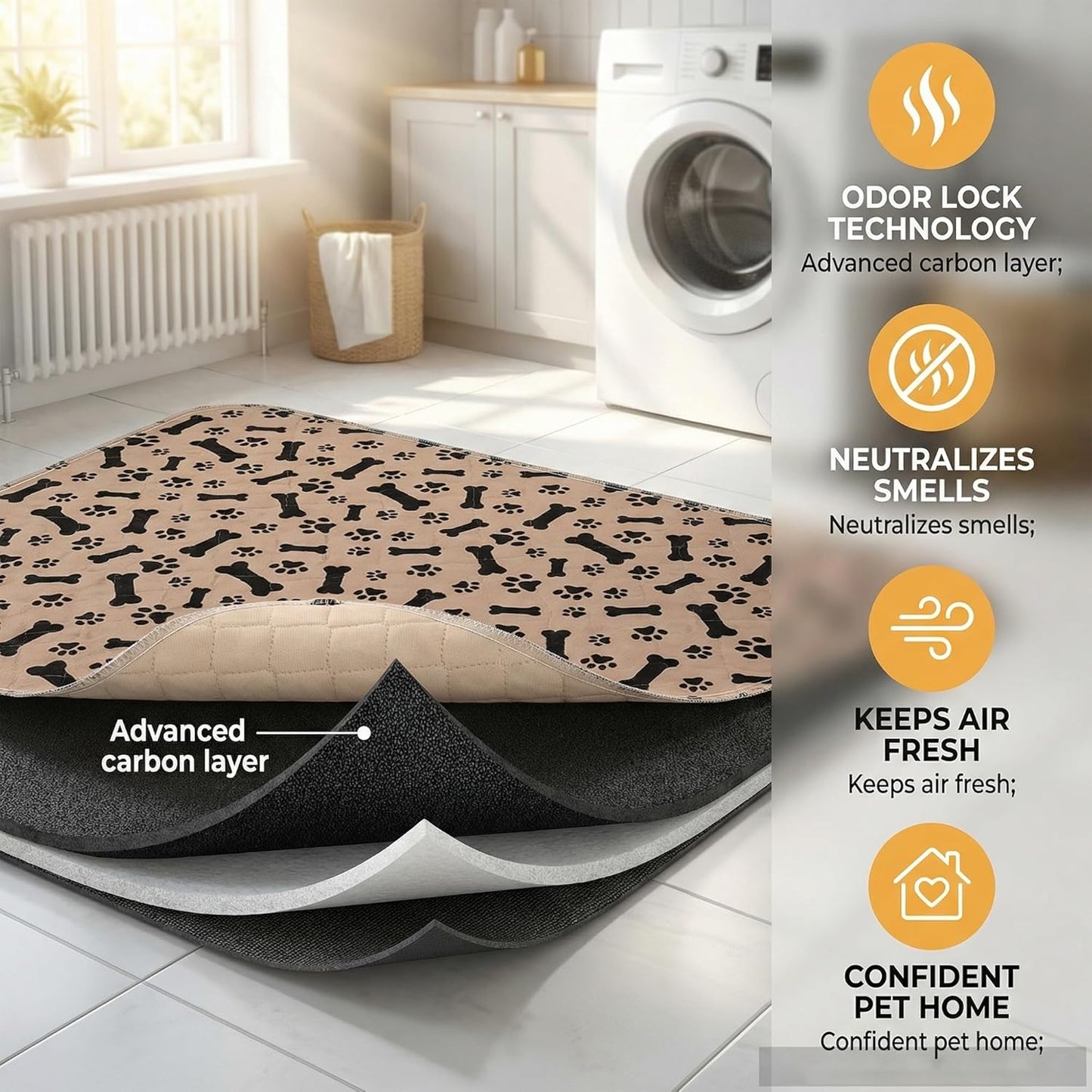 Washable Pee Pads for Dog Stylish Non-Slip and Leak-Proof Pee Ma Ultra-Absorbent Reusable Potty Training Pads Puppy Pads with Pheromones - Leak & Odor Proof for Dogs, Cats, Puppy (Brown, M)
