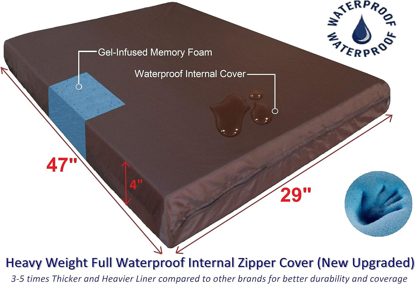 Dogbed4less Extra Large True Orthopedic Gel Memory Foam Dog Bed, Waterproof Liner and Durable Brown Cover, XL 47X29X4 Inch Fit 48"X30" Crate