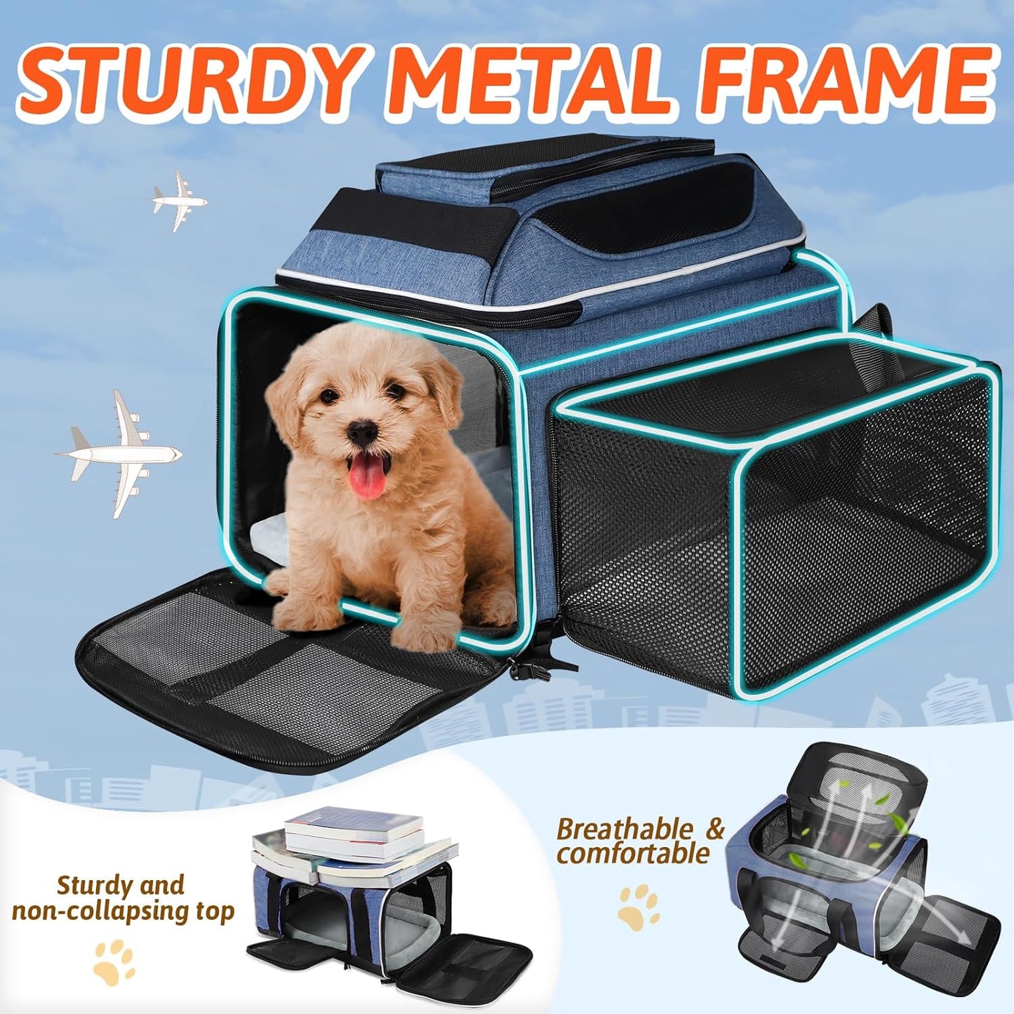 Petskd Top and Side Expandable Pet Carrier 18x11x11 Inches Delta United Airline Approved, Soft-Sided Carrier for Small Cats and Dogs with Locking Safety Zippers and Anti-Scratch Mesh(Blue)