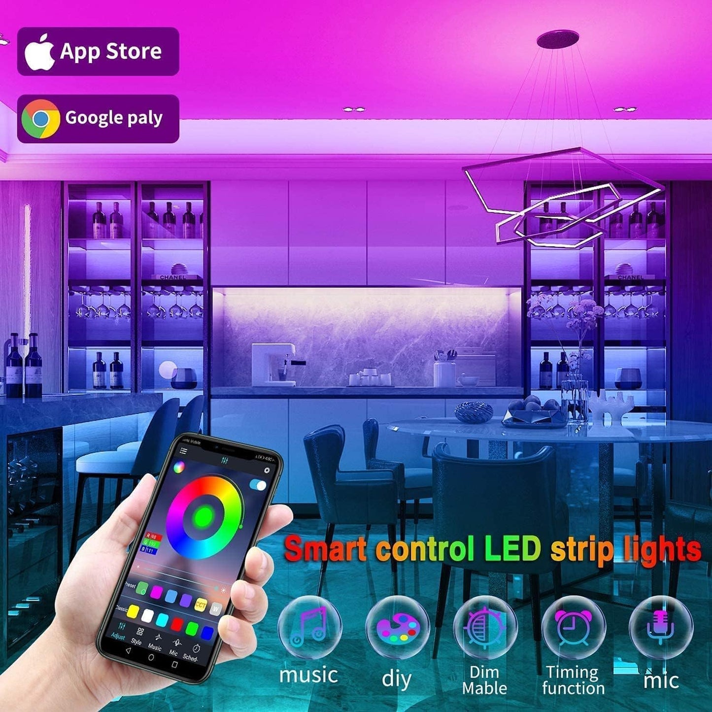Led Lights 100ft Smart APP Control Music Sync Strip Lights RGB Color Changing Strips with Remote, for Bedroom Kitchen and Party