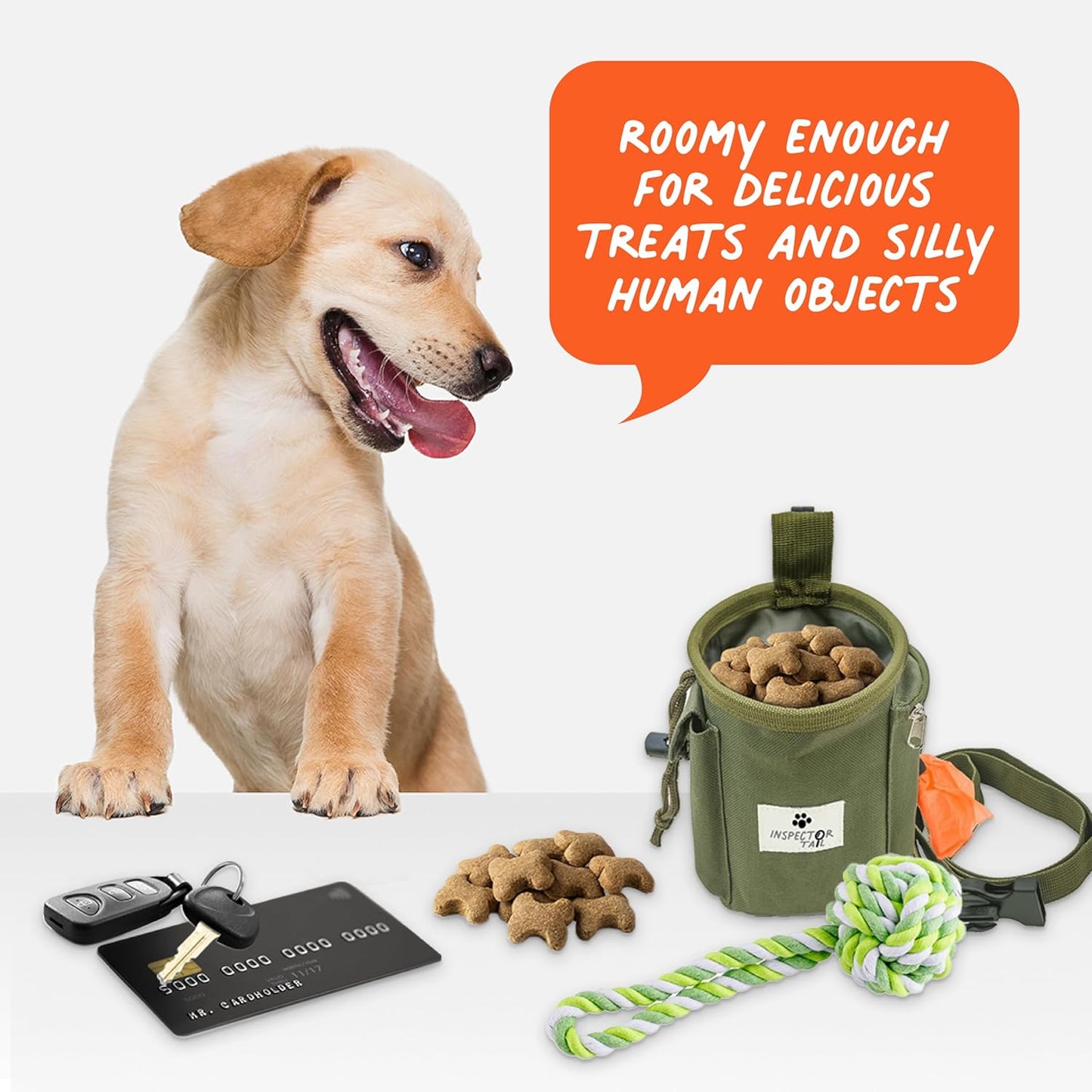 INSPECTOR TAIL Dog Treat Pouch w Drawstring to Prevent Spills | 2 Cup Tote | Hands Free w 4 Ways to Wear Puppy Bag w Pockets for Snacks Poop Bags Keys & Cards | Pet Training Walking & Rewarding Holder