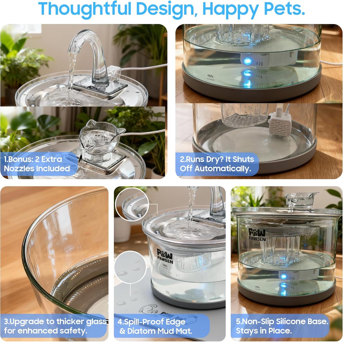 Glass Cat Dog Water Fountain 70oz/2.1L for Cats Dogs with 3 Spray Heads with LED Light,Ultra-Quiet, Automatic Water Dispenser, Glass & Stainless (Water Fountain)