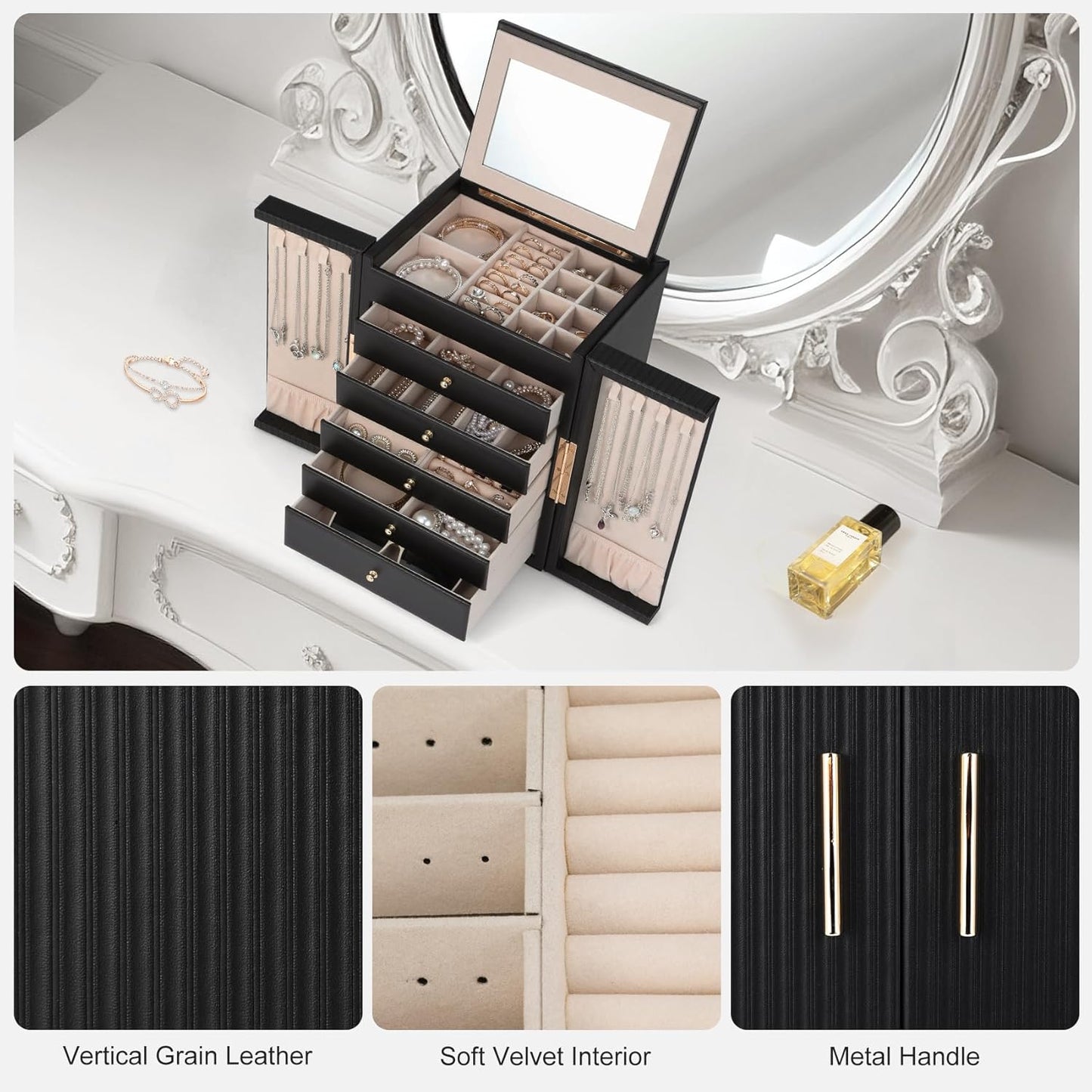 Dajasan Large Jewelry Organizer Box with 5 Drawers, Jewelry Box for Women, 6-Tier Jewelry Storage Organizer with Mirror for Necklace Ring Bracelet Watch, Gift Idea (Black)