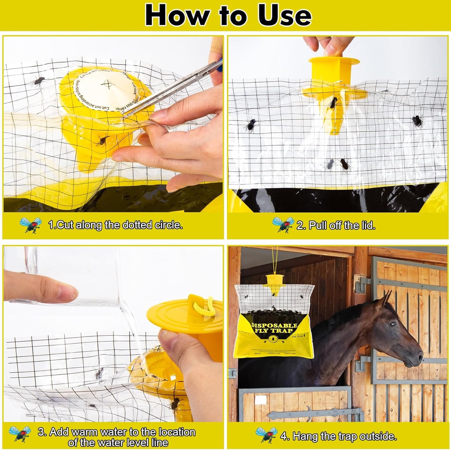 Glovv Fly Traps Outdoor Hanging with Bait, 6 Pack Disposable Flies Bags Hunter Ranch Trap, Control Bug Catcher Killer Repellent for Stable Horse Barn & Farm