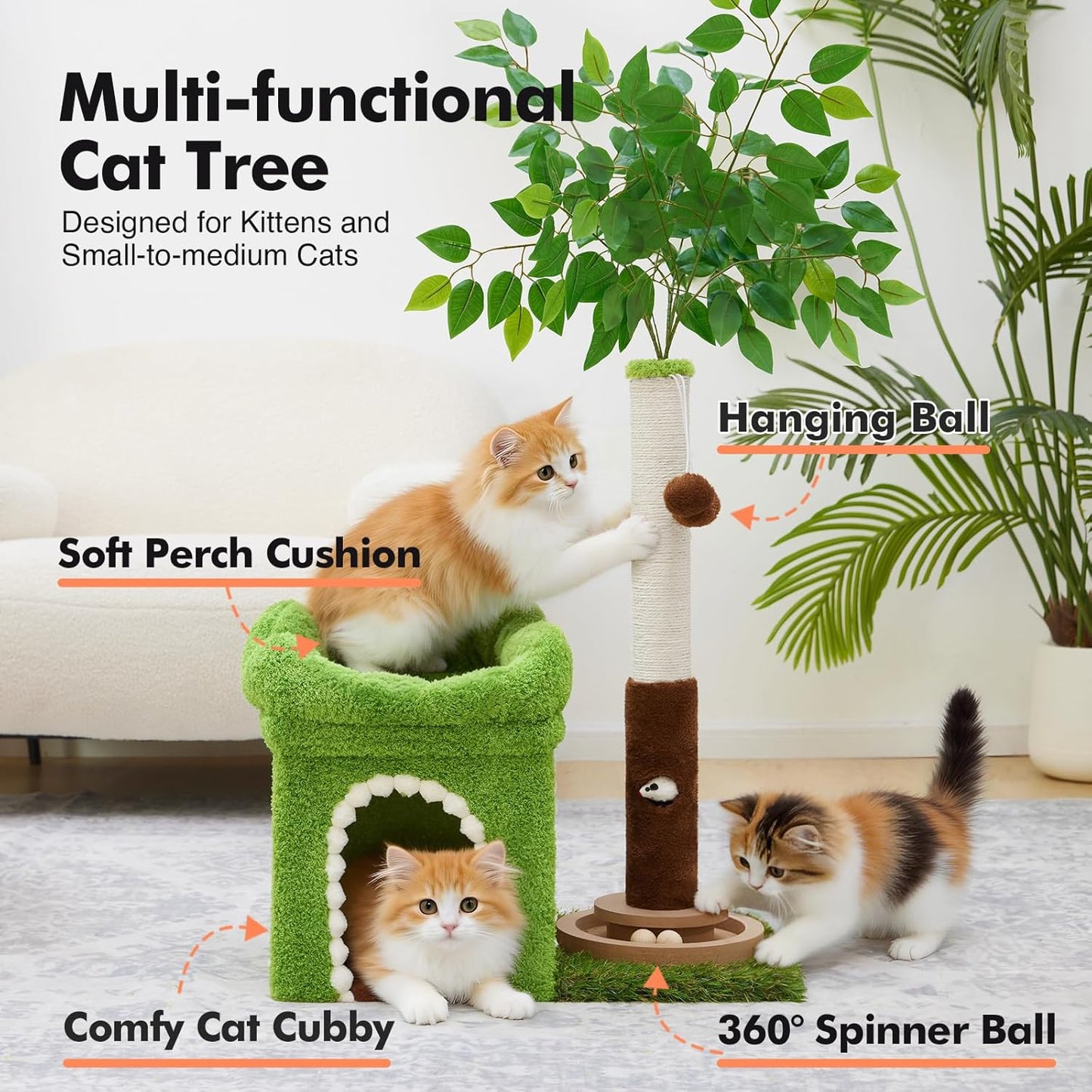 Small Cat Tree with Scratching Post and Ball Track, Green Cat Tower with Lifelike Leaves for Kittens and Small Cats, 2-Door Cat Condo and Interactive Cat Toys for Indoor Cats