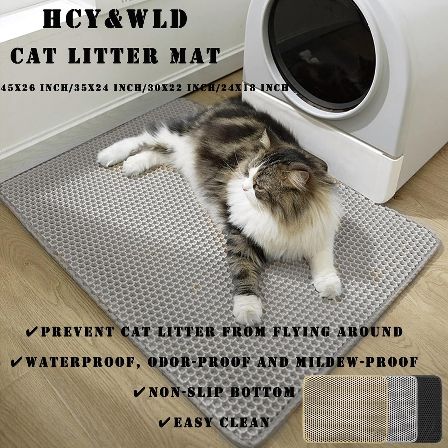 HCY&WLD Cat Litter Mat, 45x26/35x24/30x22/24x18 Inch Double Layer Cat Litter Box Mat, EVA Non-Slip, Waterproof Urine Proof Cat Litter Catcher Mat, Easy Clean Scatter Control (30x22 Inch, Khaki)