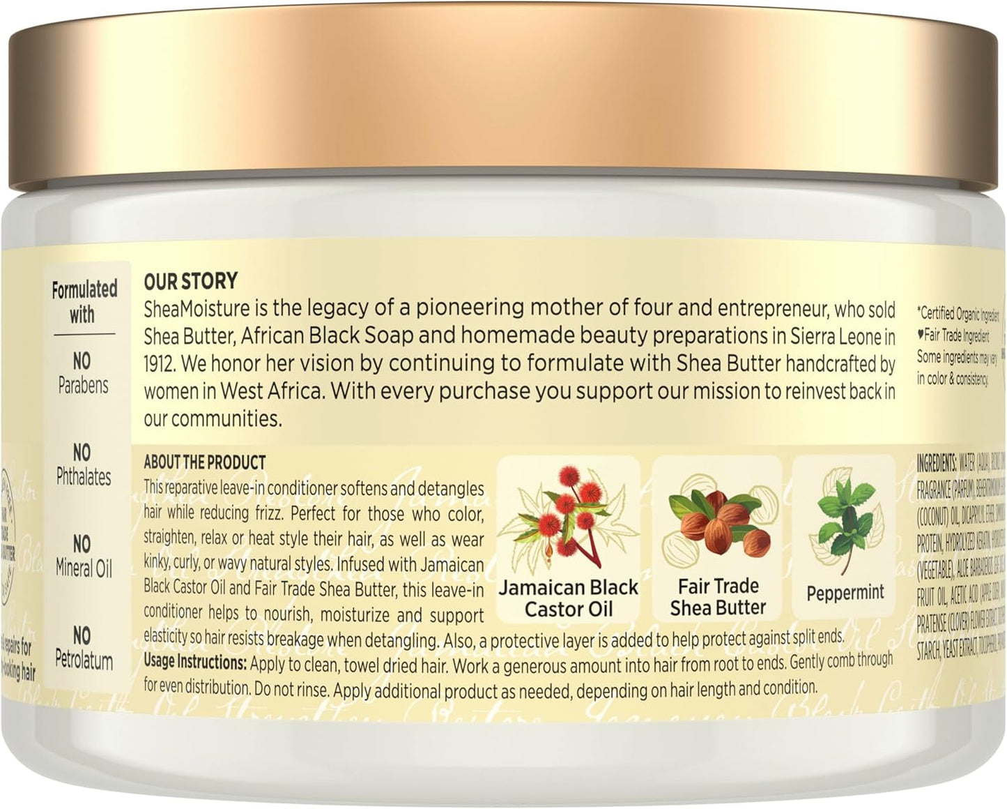 SheaMoisture Jamaican Black Castor Oil Leave In Conditioner 100% Pure Jamaican Black Castor Oil For Damaged Hair to Soften and Detangle Hair 11.5 oz