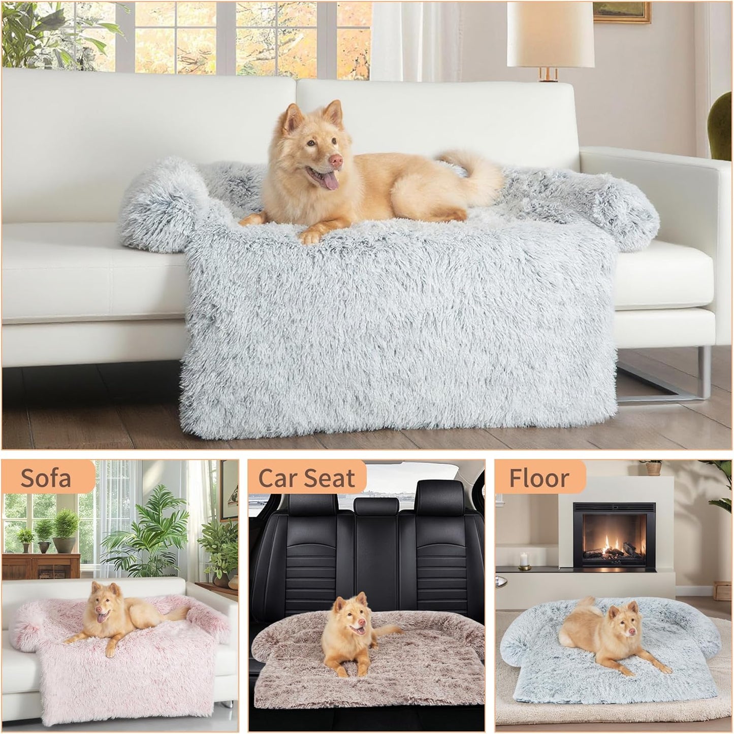 KHONSU PET Large Calming Dog Bed for Couch – Sofa Protector Mat with Bolster, Removable Washable Non-Slip Cover, Fits XL Dogs up to 70 lbs, Brown 45"x37"