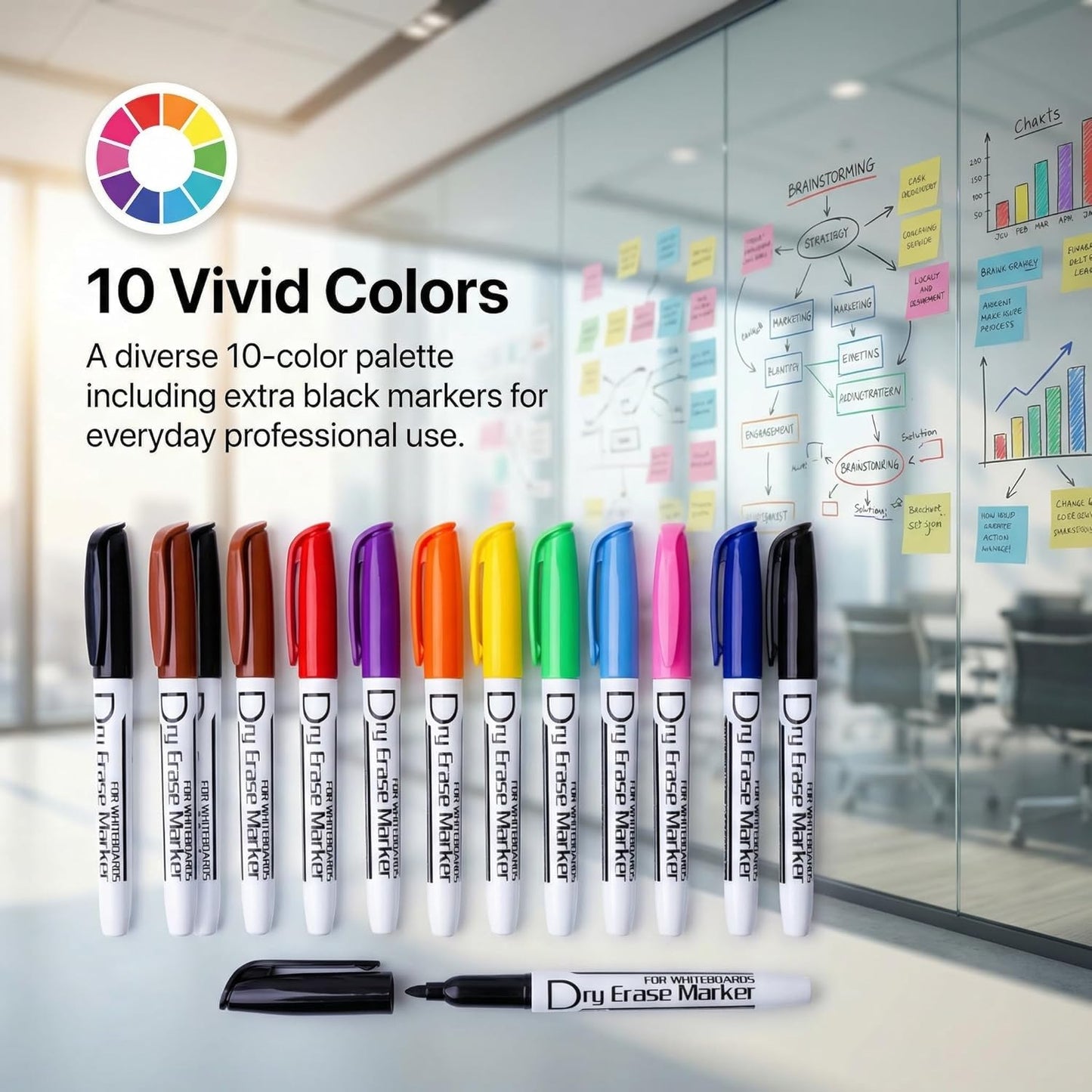 Volcanics Dry Erase Markers Low Odor Fine Whiteboard Markers Thin Box of 12, 10 Colors