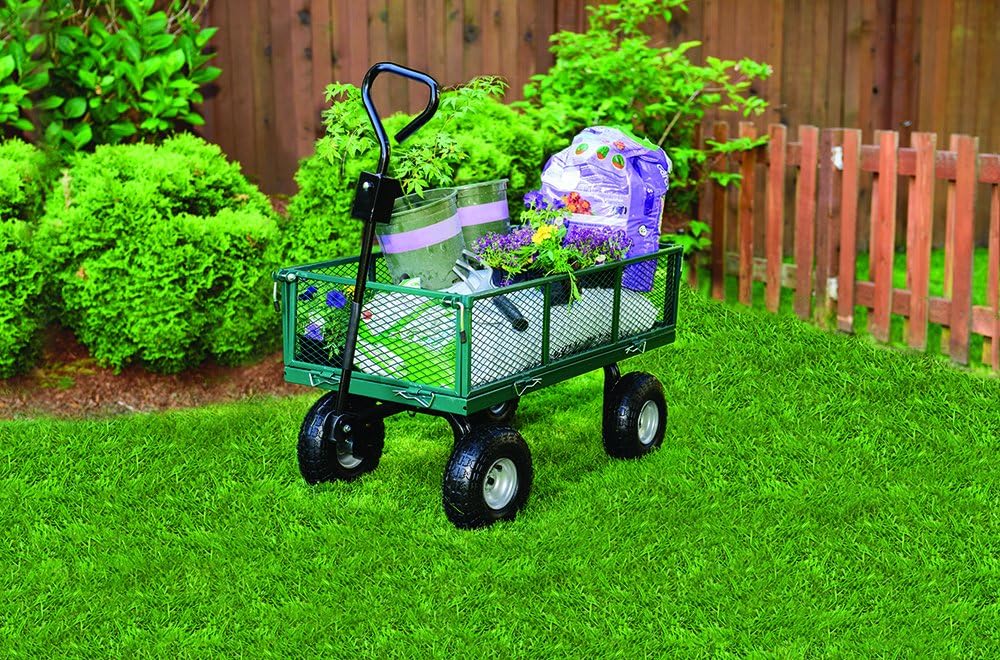 70107 Garden Cart/Utility Cart, Hinged/Removeable Sidewalls, Four 10-inch Wheels, Loop Handle with Convertible Hitch Attachment, Steel Powder-Coated Mesh Frame, 700-pound Capacity, Green