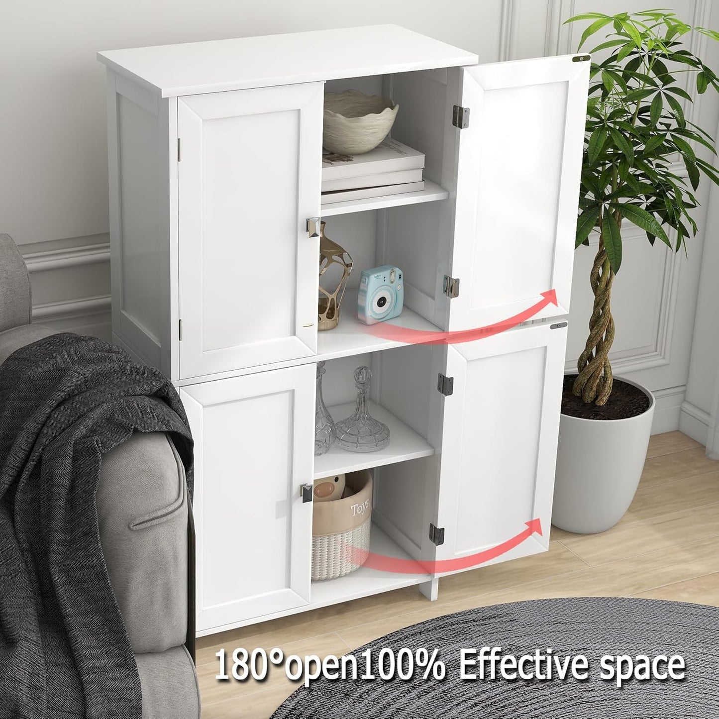 TaoHFE 2 Tier White Bathroom Storage Cabinet,Wood Bathroom Cabinets Freestanding with 4 Door Organizers Storages with Adjustable Shelves, Storage Cabinet for Living Room,Laundry Room,White