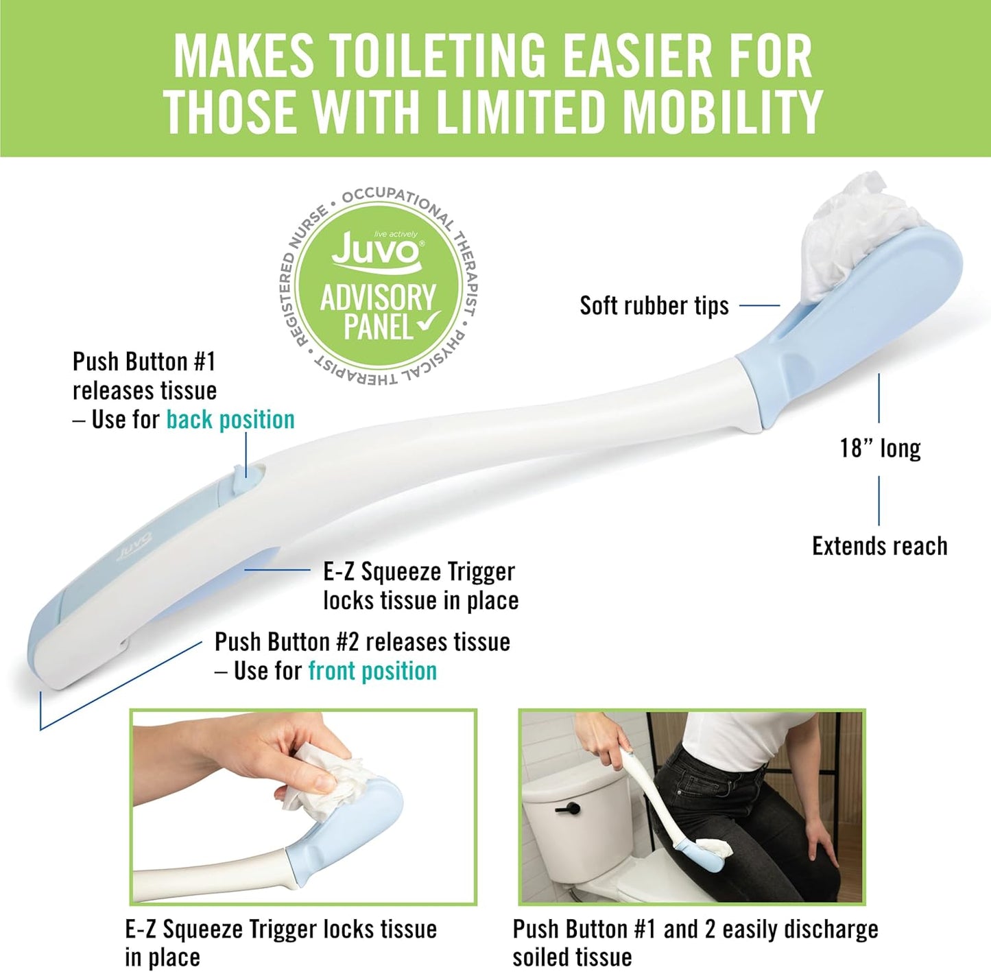 Juvo Toilet Aid - Personal Bottom Wiping Tool, Bathroom Mobility Aid for Disabled, Elderly, and Surgery Recovery - 18" long wand with hygienic cover