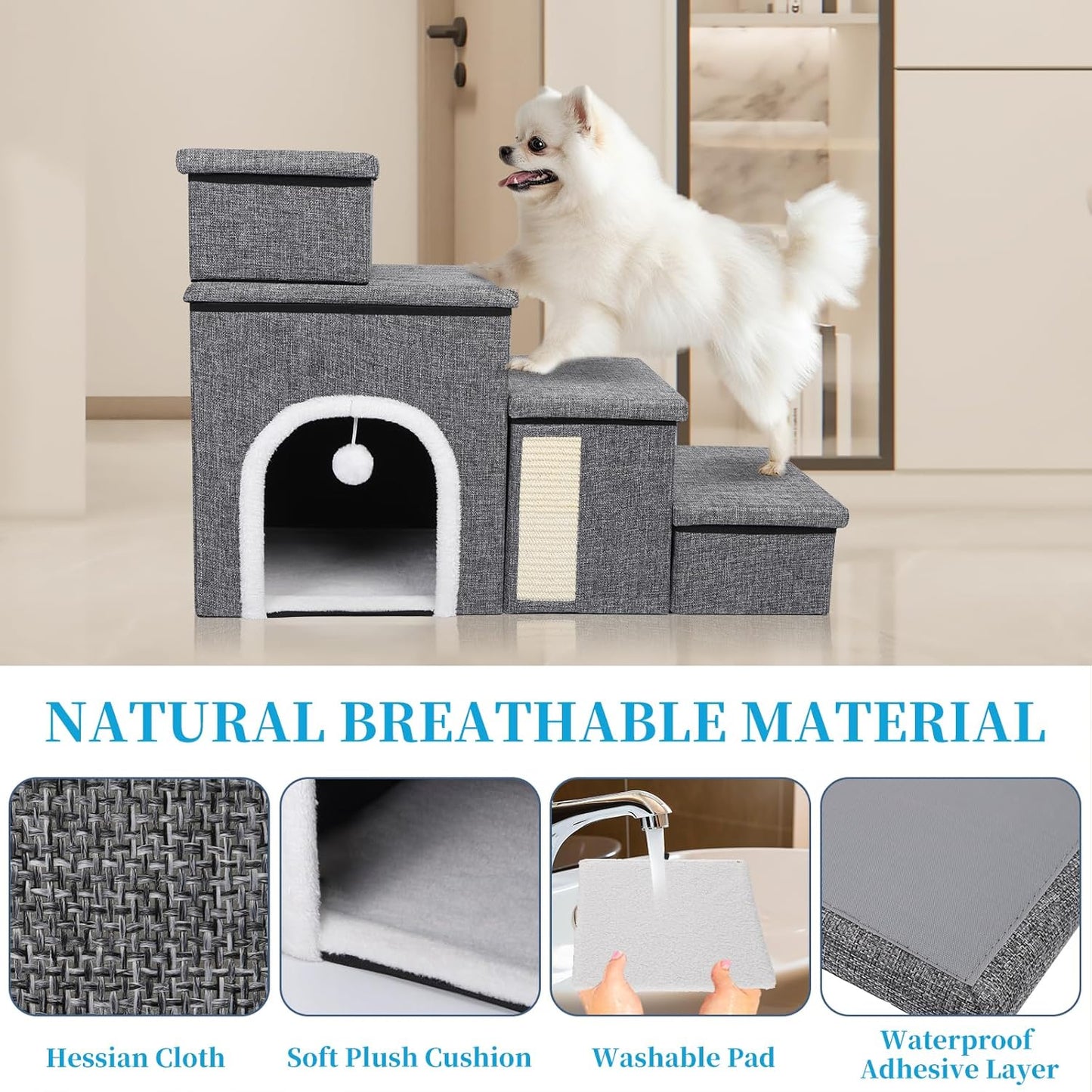 Dog Stairs for Bed and Couch 23“H, Foldable Dog Stairs for Small Older Dogs, 4 in 1 Adjustable Pet Cat Steps Ramps with Storage, Condo, Cat Scratcher, Hold Up to 180LBS, 4 Steps
