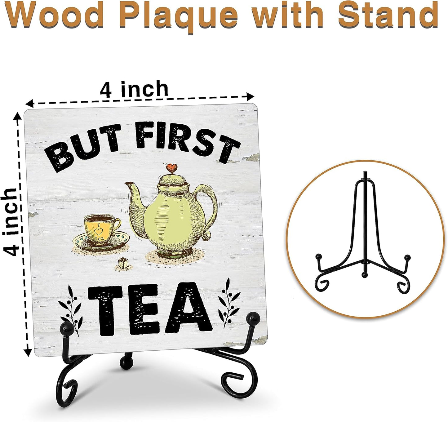 ONDTOM But First Tea Wooden Sign, Teapot and Teacup Wood Plaque with Support Stand, Kitchen Home Office Tea Room Decor - B89