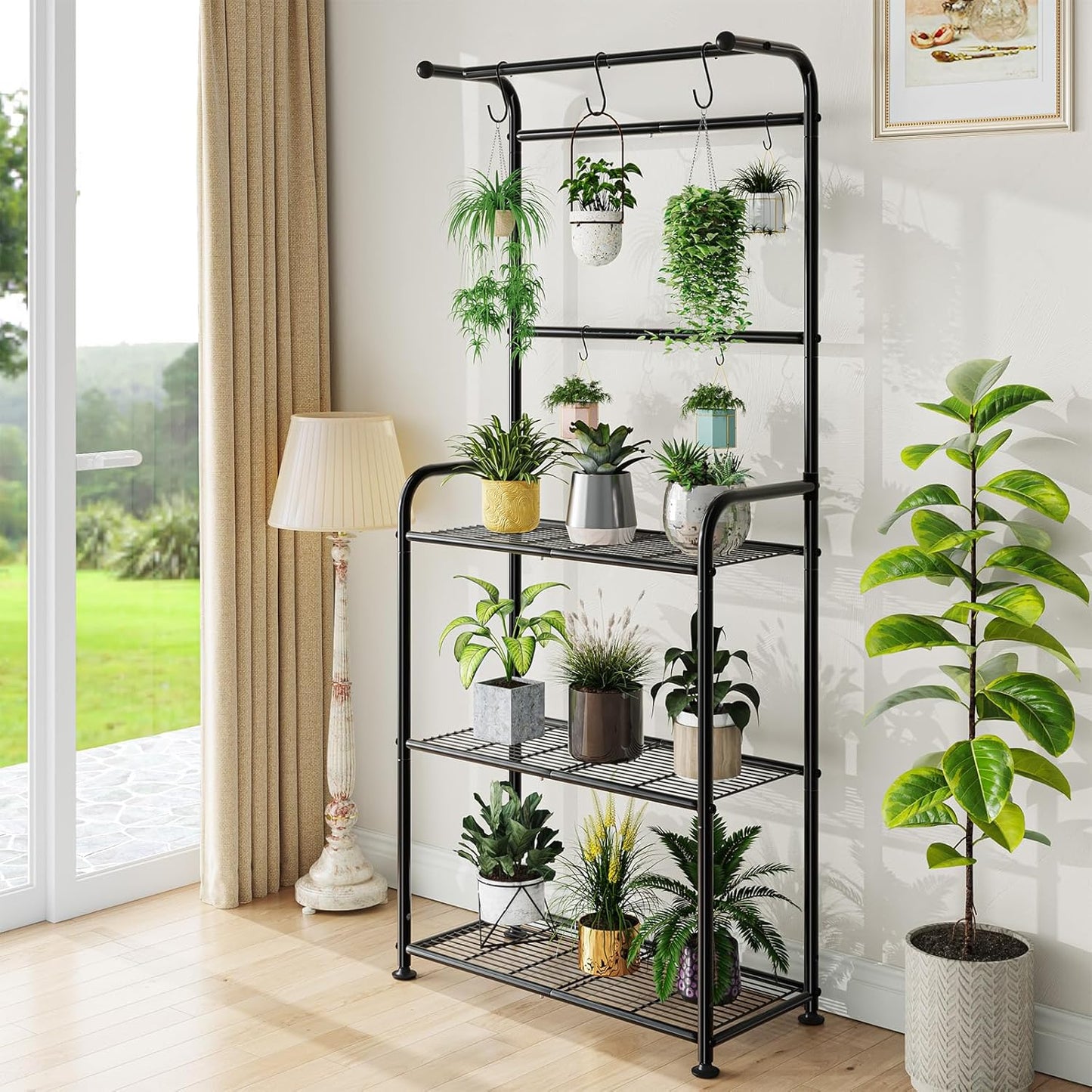 Plant Stands Outdoor with Hooks, Metal Tall Plant Shelves Indoor for Hanging Planter, Black