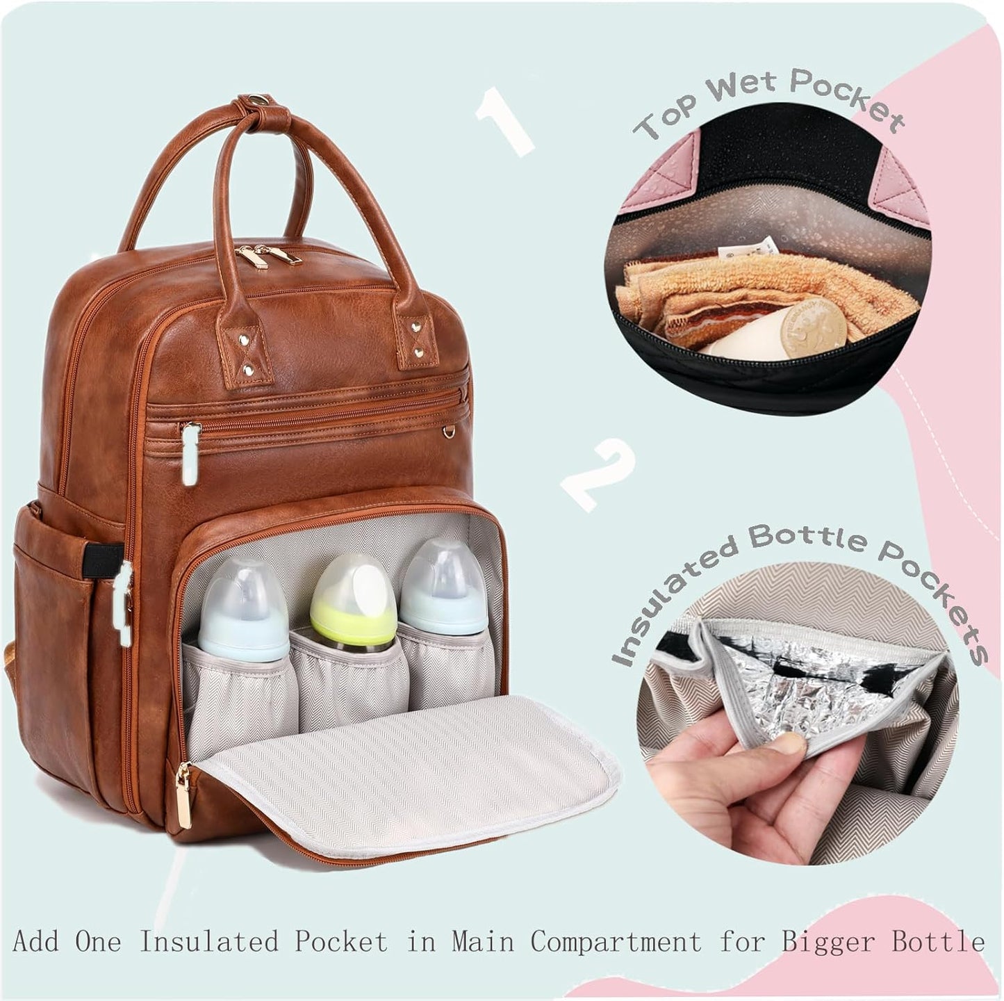 18 Pockets Large Diaper Bag Backpack with 4 Insulated Pockets and Stroller Clips, Baby Shower Essentials (Brown, Large)