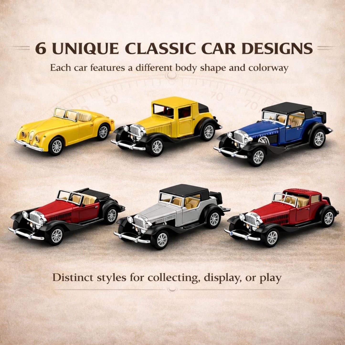 6 Pack - Diecast Cars Antique Classic American Vehicles with Pullback Action and Openable Doors, Collectible Vintage Retro Model Cars Toy for Display and Gifts for Kids (1:32 Scale)
