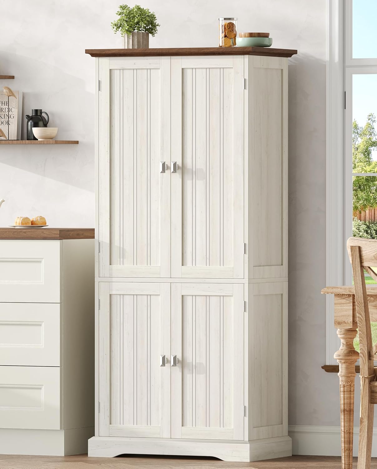 53.1" H Tall Bathroom Storage Cabinet with 4 Door Shelves, Linen Bathroom Floor Cabinet with 4 Doors, Pantry Cabinet for Bathroom, Living Room, Kitchen, Rustic White