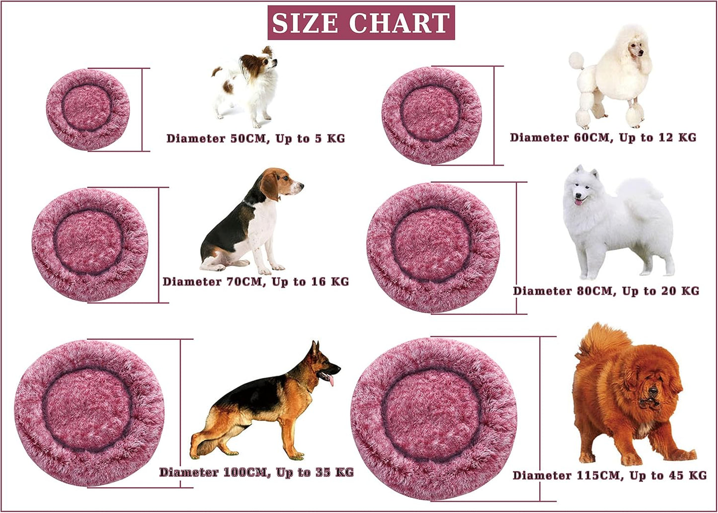 Calming Donut 강아지 침대, 114.3cm(45인치) 원형 쿠션, 탈착식 세탁 가능한 커버, 불안감 방지 인조 모피 커들러, 푹신하고 편안한 털 반려동물 침대 (핑크, 114.3cm(45인치))