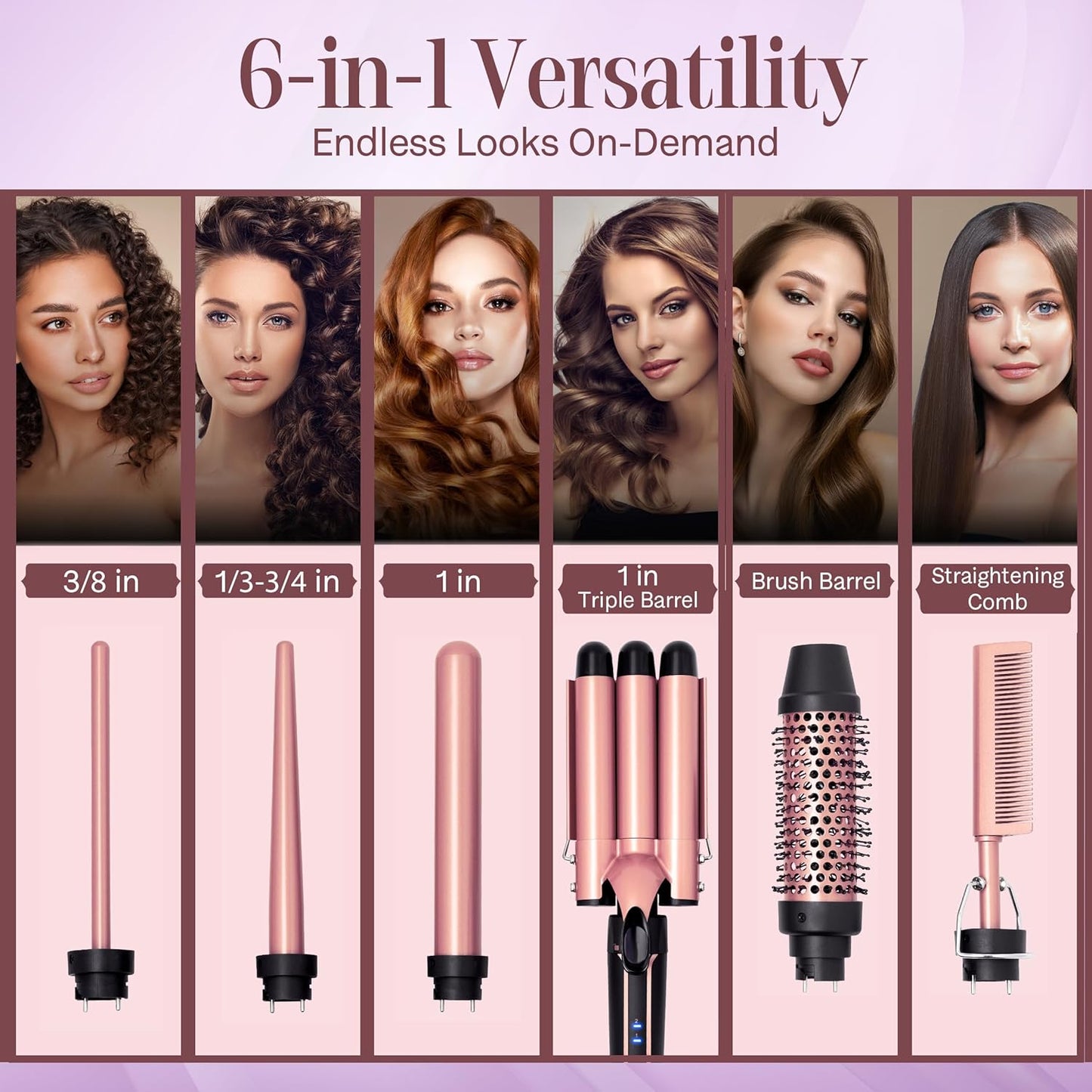 Asani Curling Iron Wand Set 6-in-1 - Beachwaver Hair Curler with 3 Barrel Hair Crimper, Tapered, Spiral Curling Iron - Fast Heating Travel Hot Styling Tools for Women with Dual Voltage (110-240V AC)