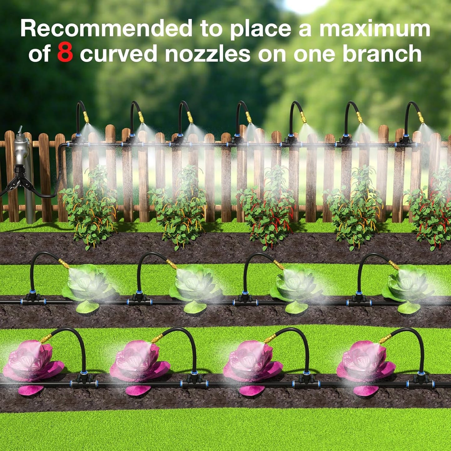 MIXC 100Ft 1/4" Drip Irrigation System,2026-Upgrade Garden Irrigation Kit with 16pcs Adjustable Copper Nozzles,Automatic Atomizing Watering Sprinkler System for Outdoor,Raisedbed,Lawn,Greenhouse