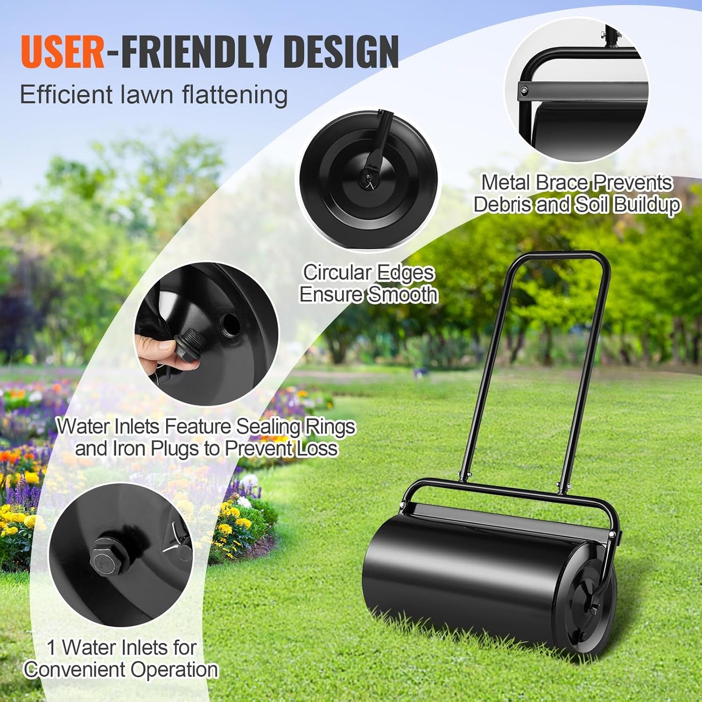 VEVOR Lawn Roller 13 Gallon Large Capacity Sand/Water Filled, Heavy Duty Steel Material, with Easy-Turn Plug and U-Shaped Ergonomic Handle for Convenient Push and Pull, for Garden, Farm, Park, Black