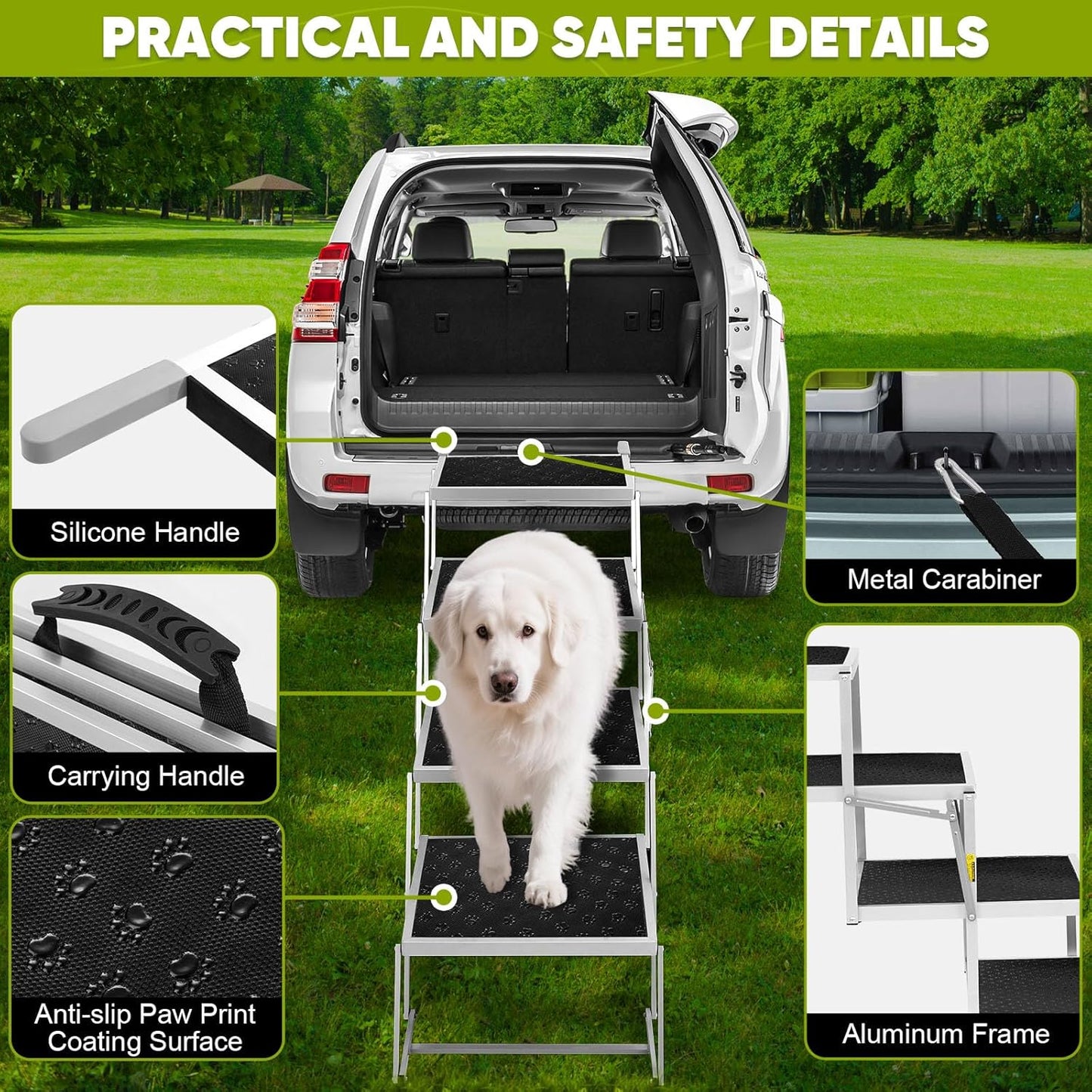 Joyrally Extra Wide Dog Stairs for Large Dogs,Foldable Dog Ramp for Car, Pet Steps Light Weight Aluminum,High Beds,for SUV Trucks, Supports up to 200 lbs (for The Trunk of The Car Only)
