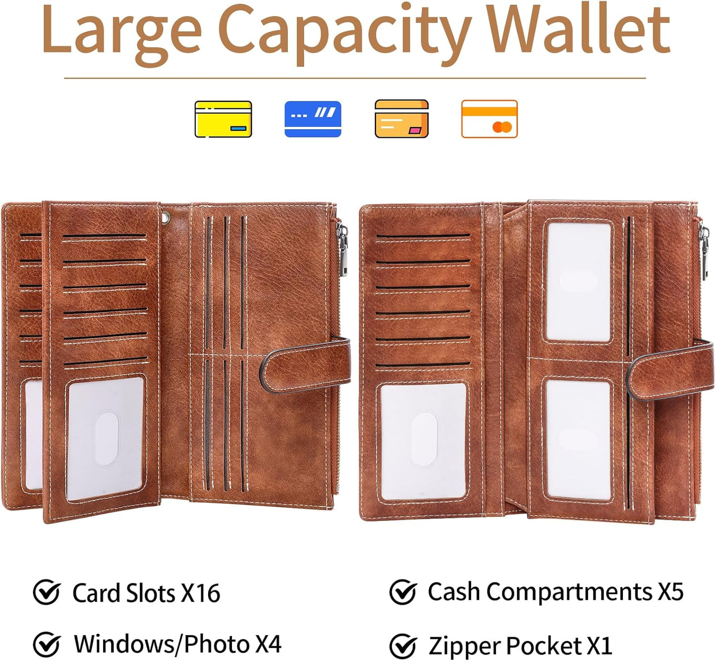 Womens Wallet RFID Blocking Large Capacity Credit Card Holder Long Purses for Women with Wristlet Pocket ID Window