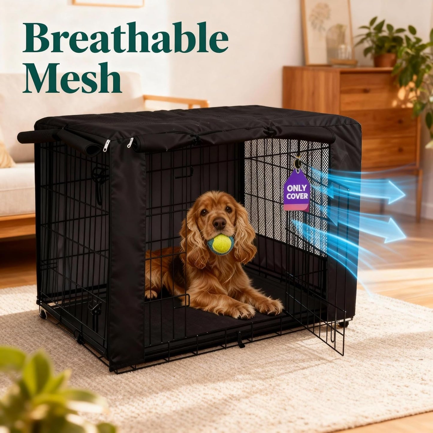 HiCaptain Breathable Dog Crate Cover 30 Inch, Durable Heavy Duty Kennel Cover, Dual Zippered Panels, Windproof Waterproof UV-Resistant(Black)