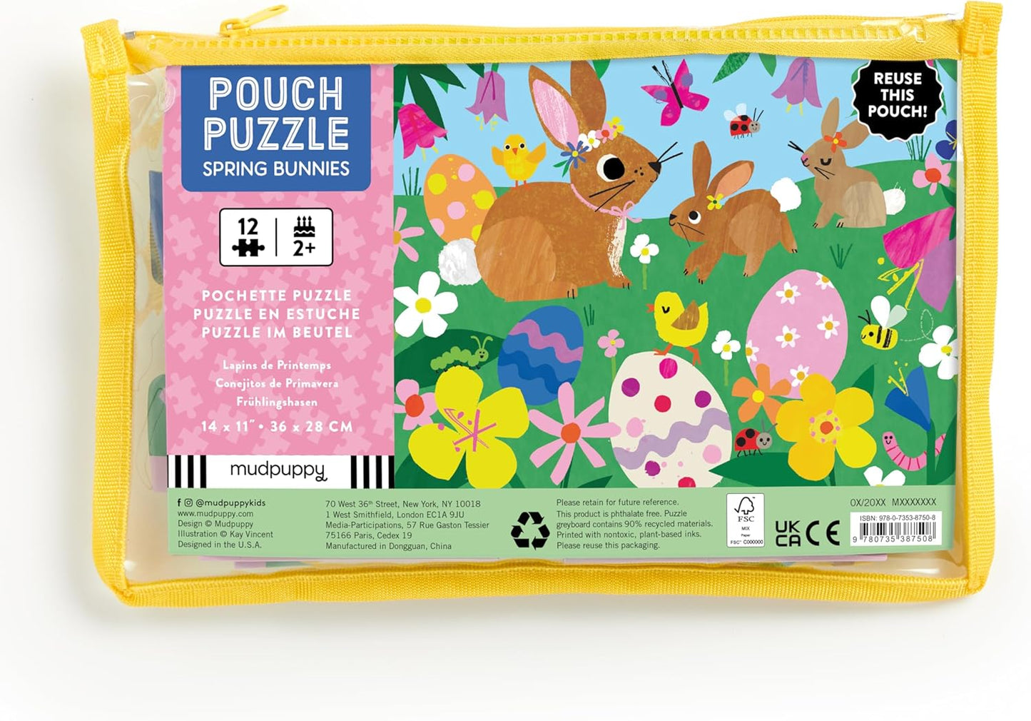 Mudpuppy Spring Bunnies – 12 Piece Puzzle with Reusable Zipper Pouch Featuring Colorful and Fun Illustrations of Spring Bunnies Perfect for Easy Storage and Travel