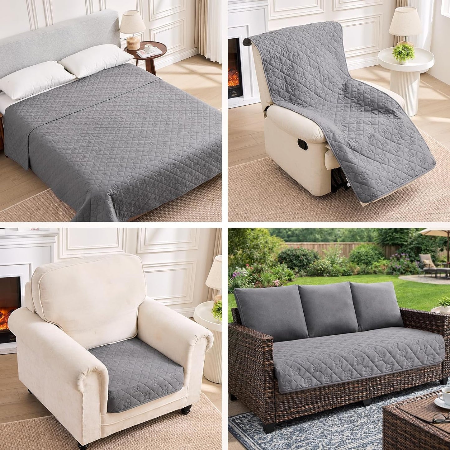 Waterproof Loveseat Couch Cover for Dogs, Paw Print Quilted Blanket for 2 Seat Sofa & Bed, Pet Hair Resistant, Pet-Friendly, Washable, Scratch Proof Furniture Protector, 32x53 inch, Grey