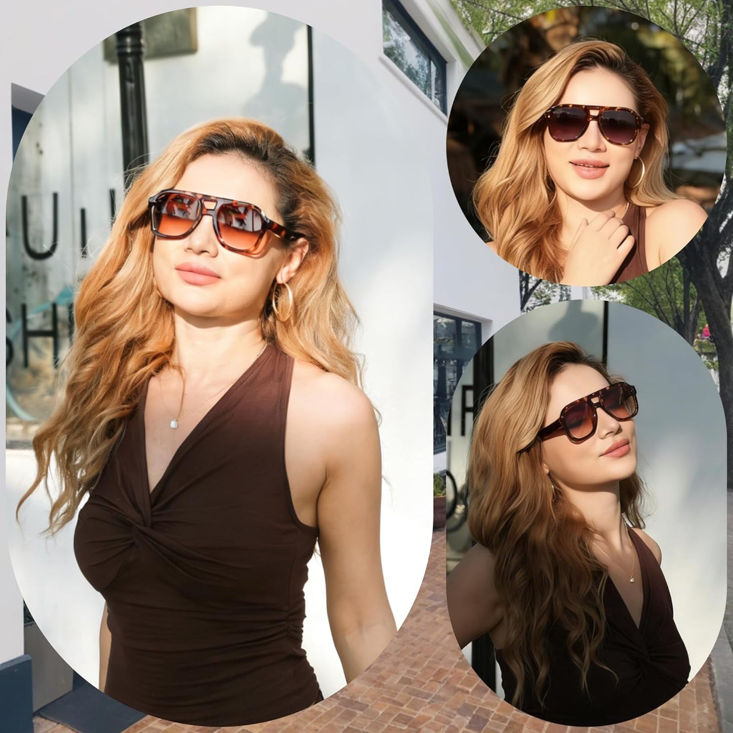 FEISEDY Vintage Aviator Sunglasses Double Bridge Women Men Large Square Thick Frame Trendy Eyewear UV400 B2846