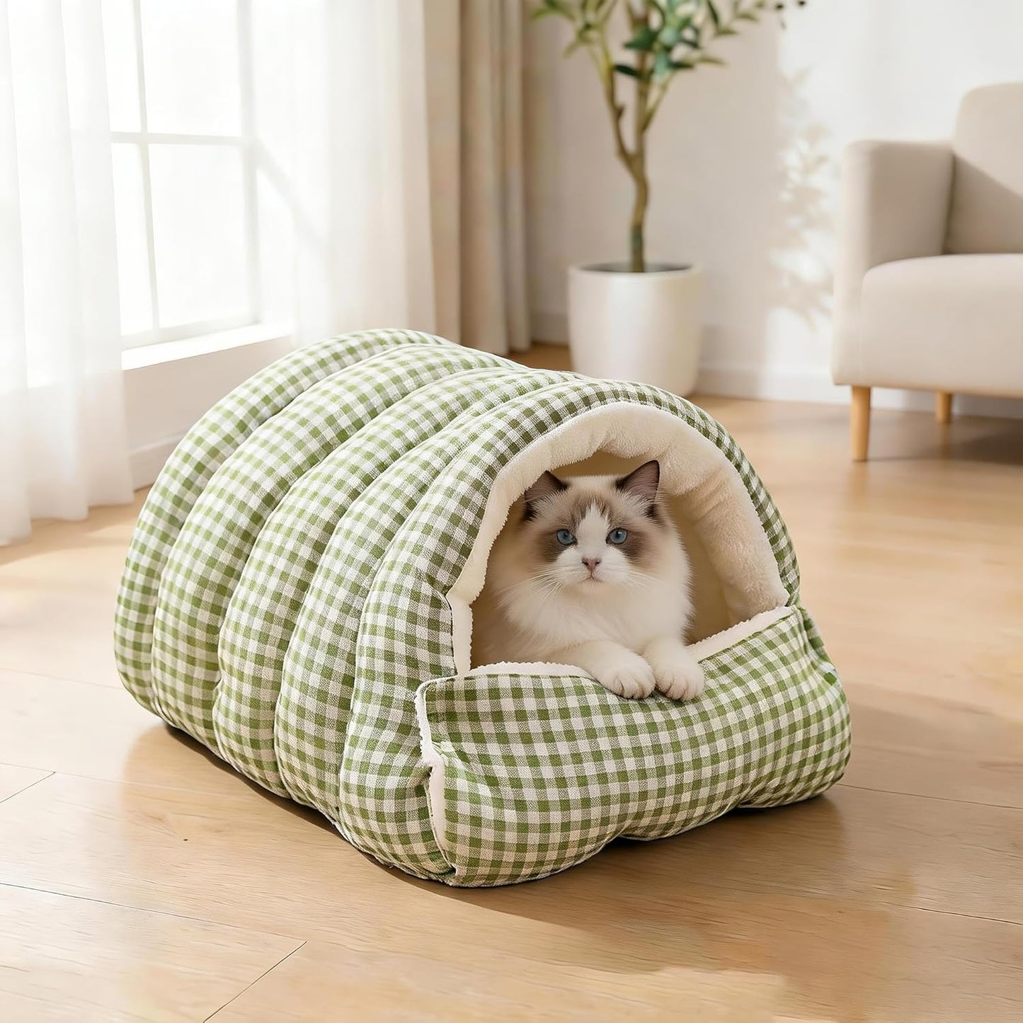 Small Cat Dog Cave Bed Calming Pet Nest Warm Plush Covered Cat House with Hooded Blanket Removable Hooded Blanket Cushion Washable Soft Calming Indoor Cat Bed(Green, Small)