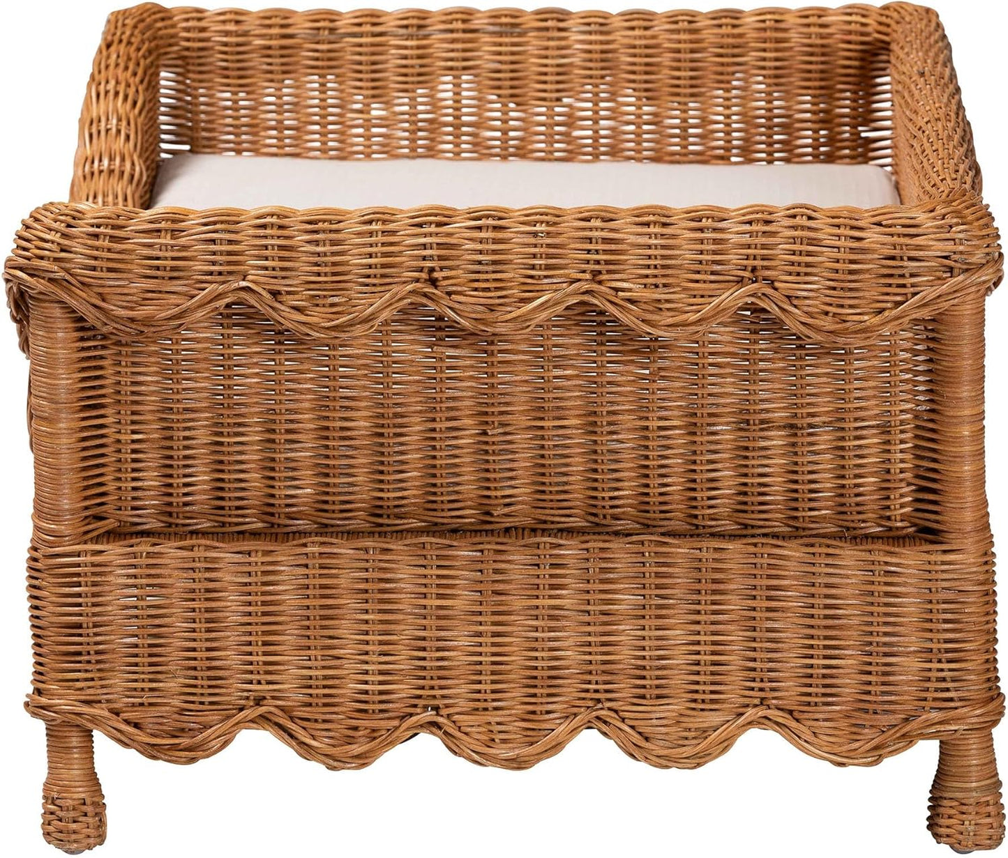 Bali & pari Papina Natural Rattan Pet Bed with Scalloped Sides - Handwoven Wicker Enclosed Lounge Bed for Dogs and Cats with Removable Cushion, 31.5"