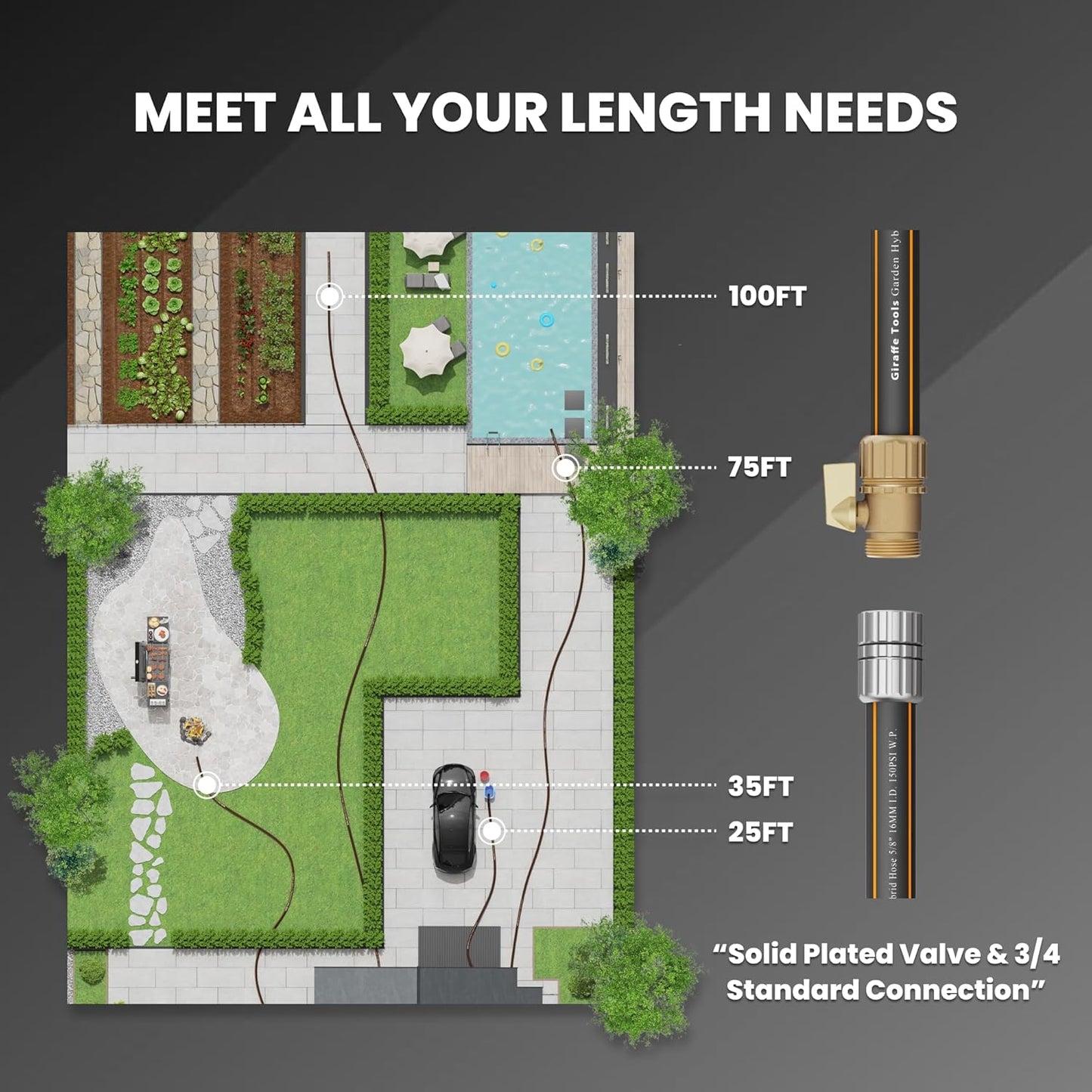 Giraffe Tools Hybrid Garden Hose 75ft x 5/8", Male and Female Fittings with Shut off Valve, Flexible, Heavy Duty, Leakproof, Lightweight Water Hose