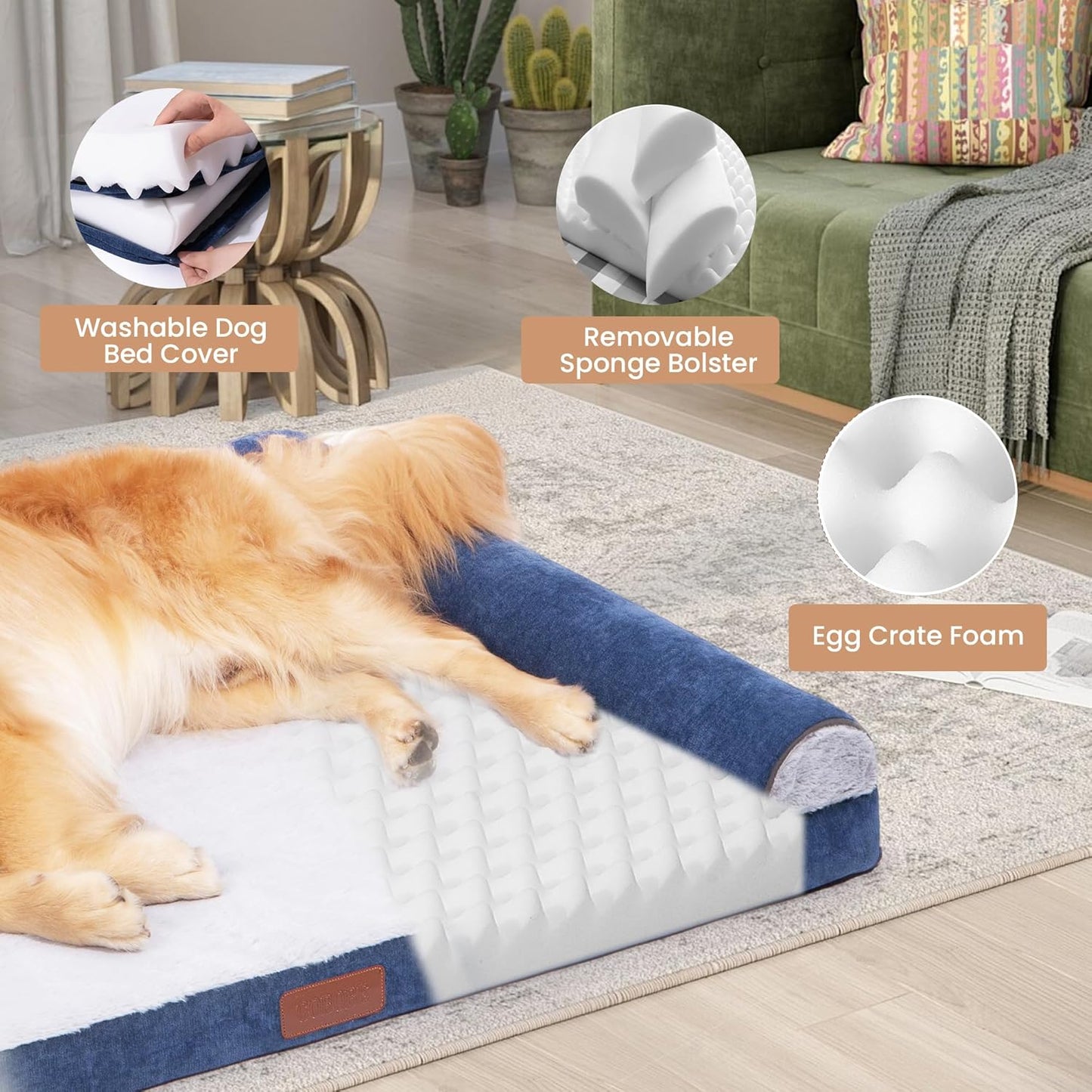 Large Dog Bed for Medium and Large Dogs Waterproof Memory Foam Orthopedic Dog Bed Durable Sofa Pet Bed Removable Cover with Zipper and Bolster Nonslip Bottom（NBlue XXL）