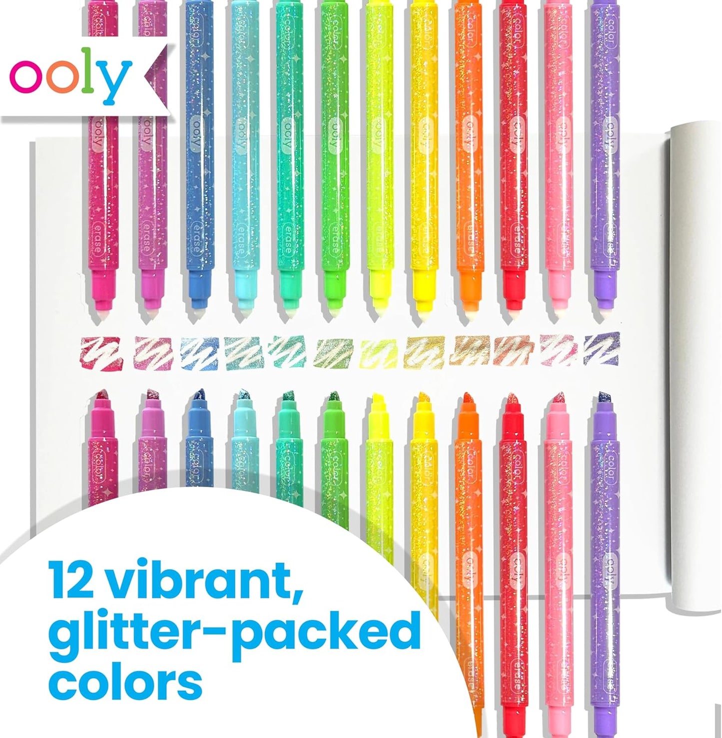 Ooly Make No Mistake Glittery Erasable Markers, 12 Stress and Mess Free Sparkle Markers You Can Erase, Colorful Supplies for Any Arts & Crafts